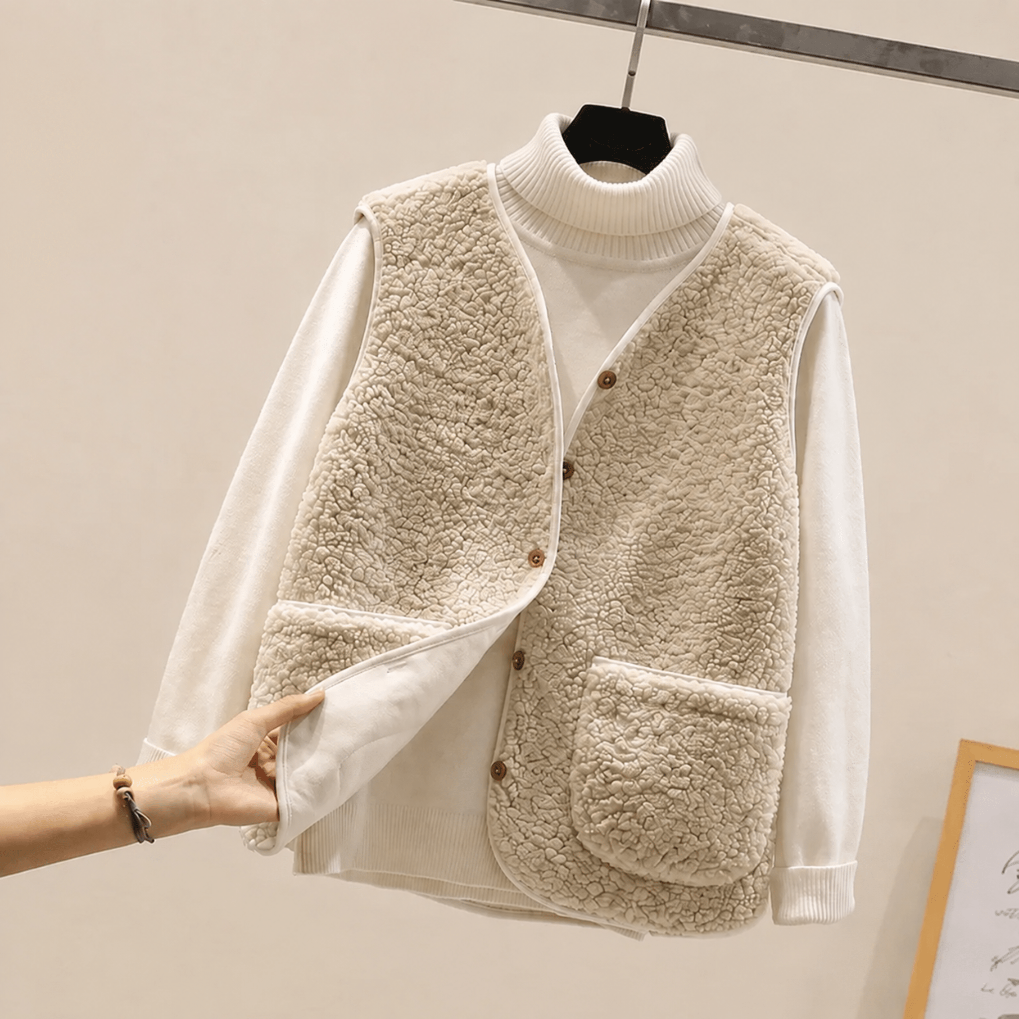 Charlotte - Women's Cropped Collarless Teddy Vest - Vests - Cream - Parker&Brooks