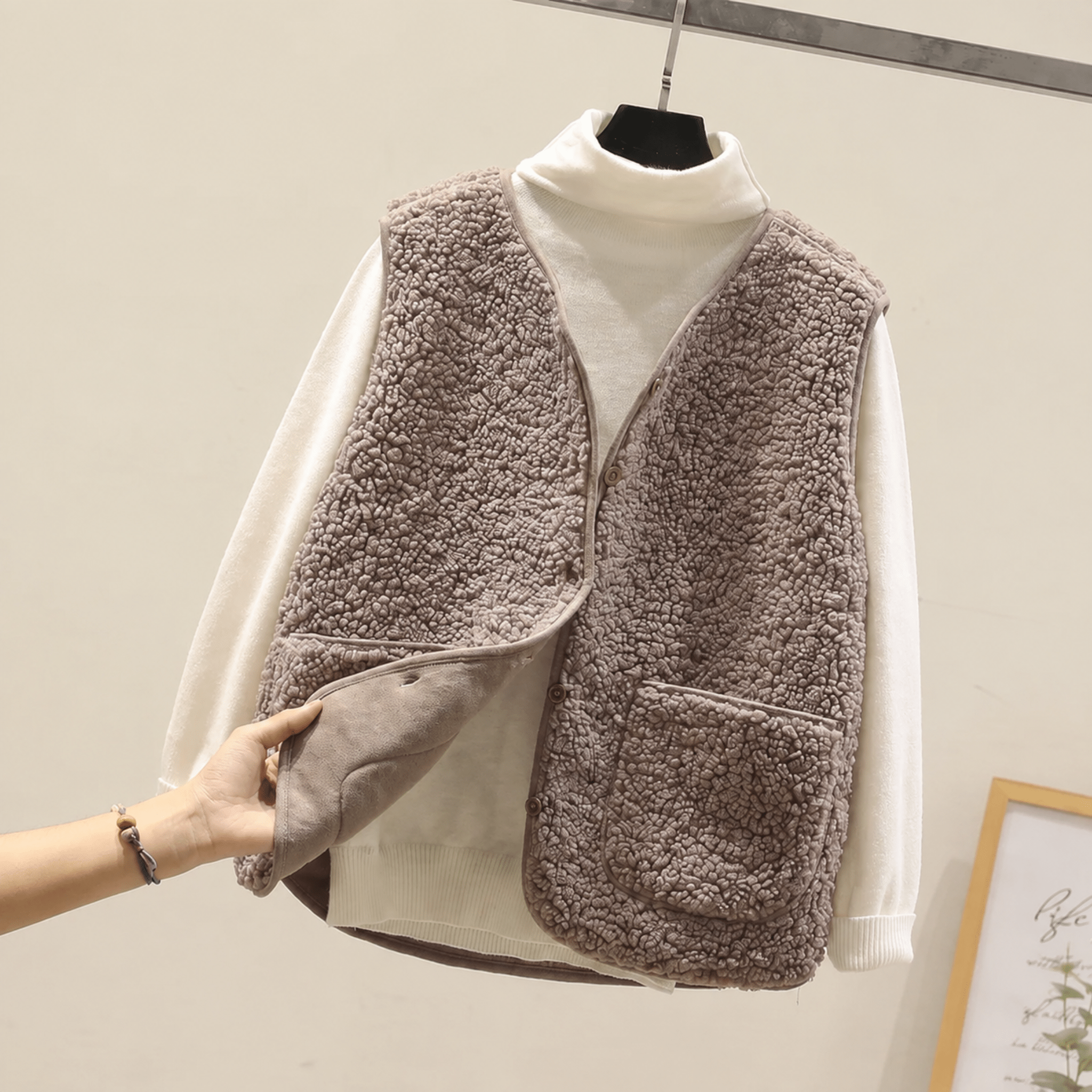 Charlotte - Women's Cropped Collarless Teddy Vest - Vests - Khaki - Parker&Brooks