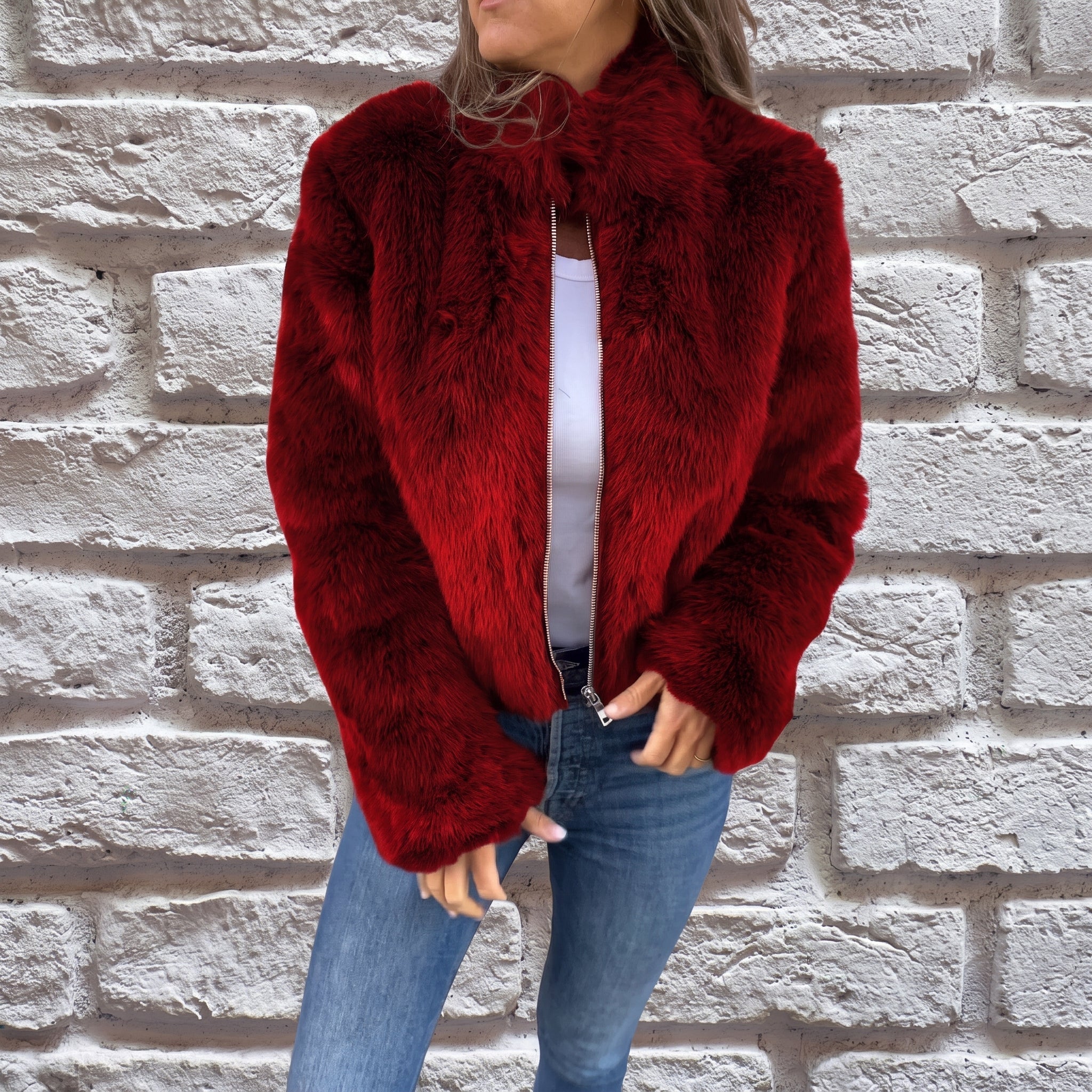Charlotte - Women's Cropped Fluffy Jacket with Stand Collar - Wrap Coat - Red - Parker&Brooks
