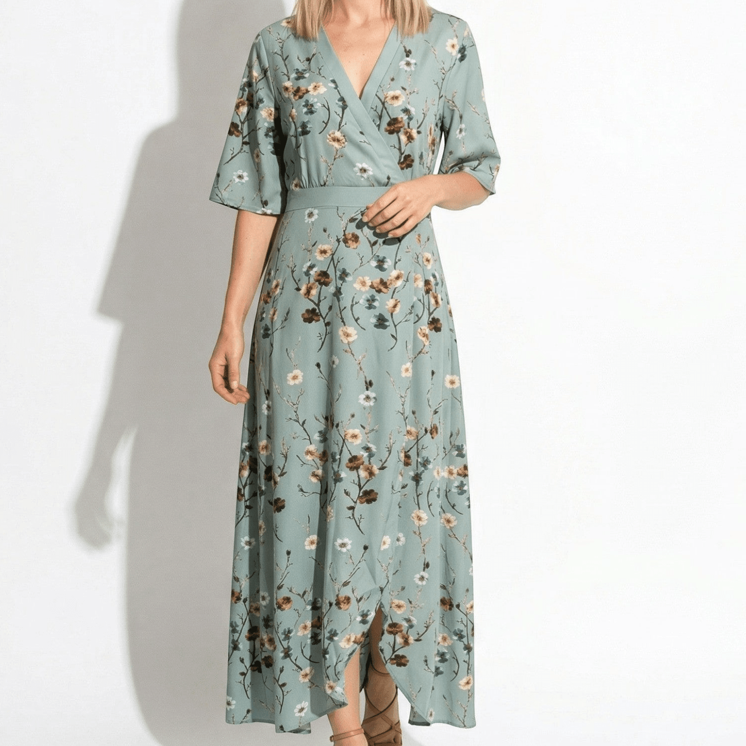 Charlotte - Women's Floral Print V - Neck Wrap Maxi Dress - Maxi Dress - Green - Parker&Brooks