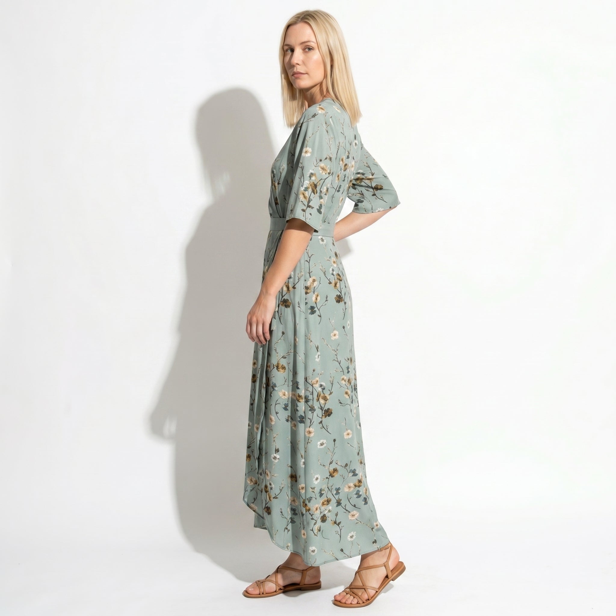Charlotte - Women's Floral Print V - Neck Wrap Maxi Dress - Maxi Dress - Green - Parker&Brooks