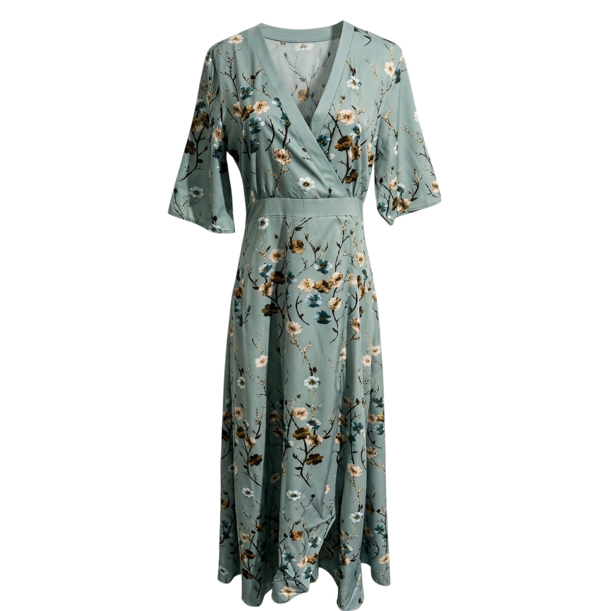Charlotte - Women's Floral Print V - Neck Wrap Maxi Dress - Maxi Dress - Green - Parker&Brooks