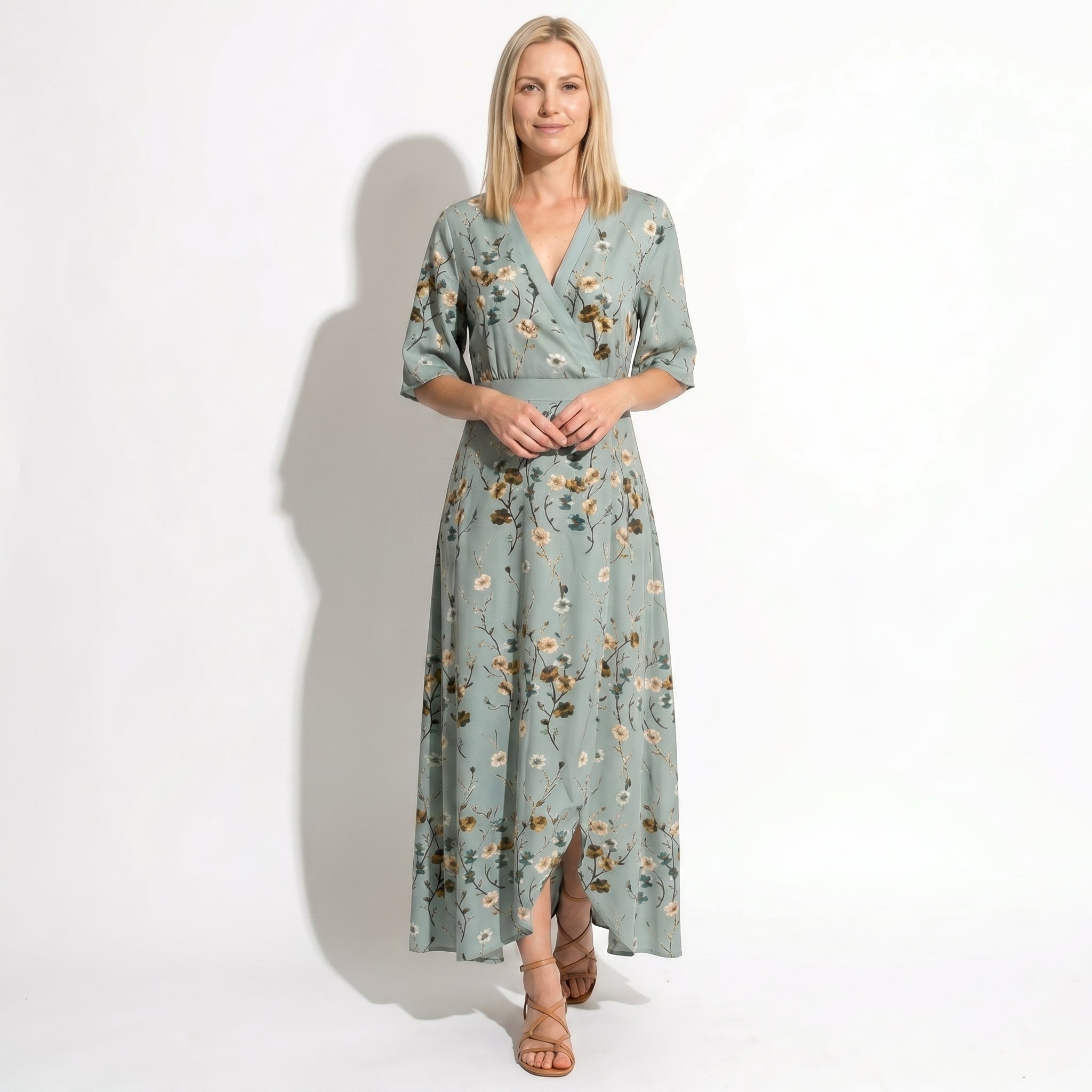 Charlotte - Women's Floral Print V - Neck Wrap Maxi Dress - Maxi Dress - Green - Parker&Brooks