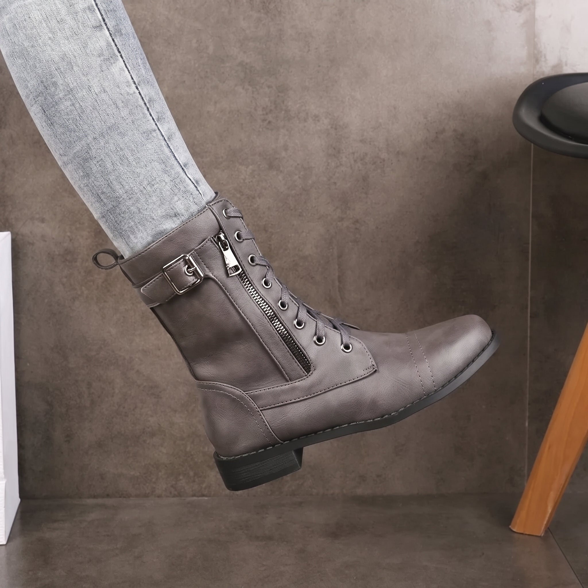 Charlotte - Women's Lace-Up Mid-Calf Boots with Buckle Strap - Boots - Gray - Parker&Brooks