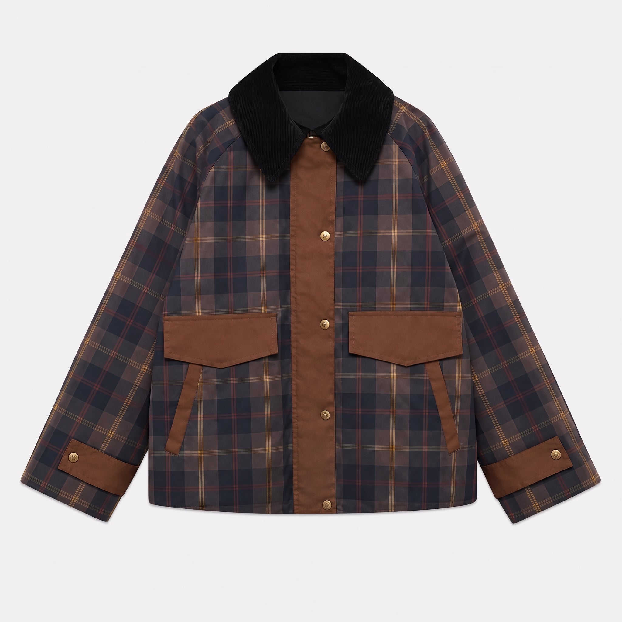 Charlotte - Women's Oversized Plaid Transitional Jacket with Contrast Collar - Wrap Coat - Brown - Parker&Brooks