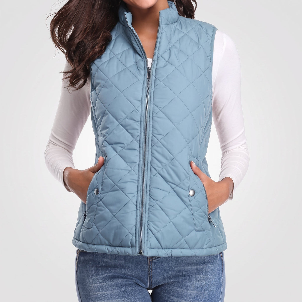 Charlotte - Women's Quilted Zip-Front Gilet with Stand Collar - Vests - Sky Blue - Parker&Brooks