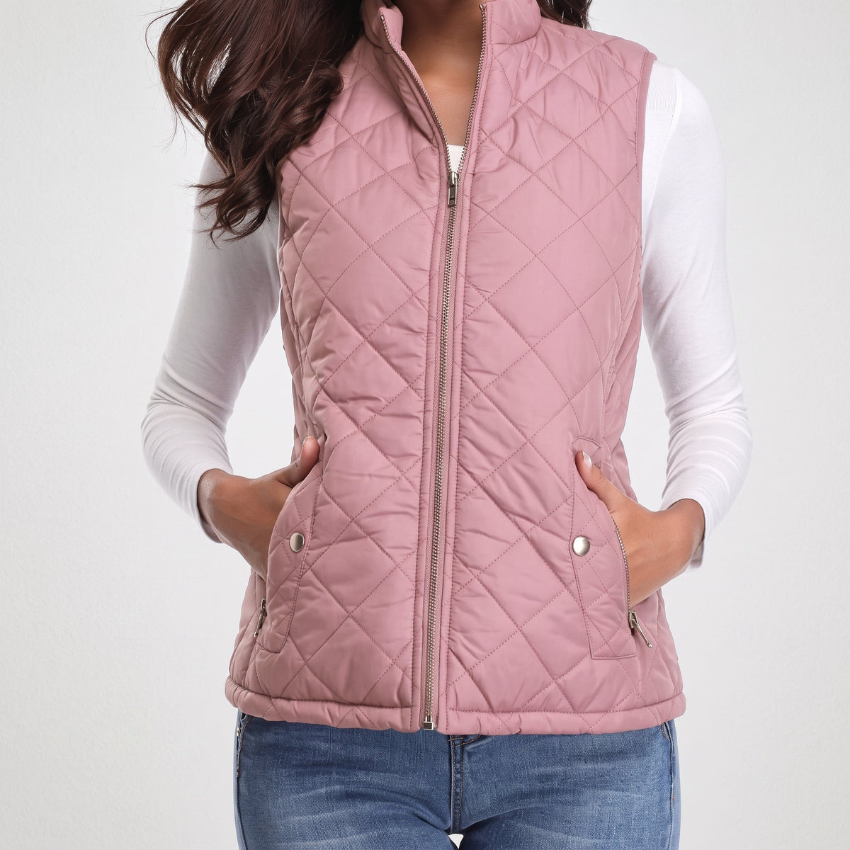 Charlotte - Women's Quilted Zip-Front Gilet with Stand Collar - Vests - Pink - Parker&Brooks