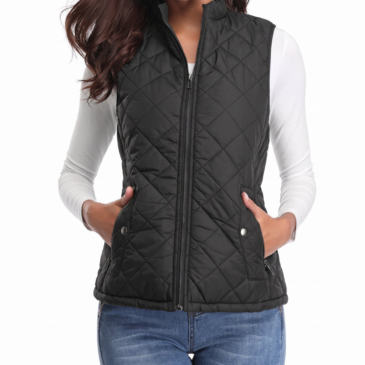 Charlotte - Women's Quilted Zip-Front Gilet with Stand Collar - Vests - Black - Parker&Brooks