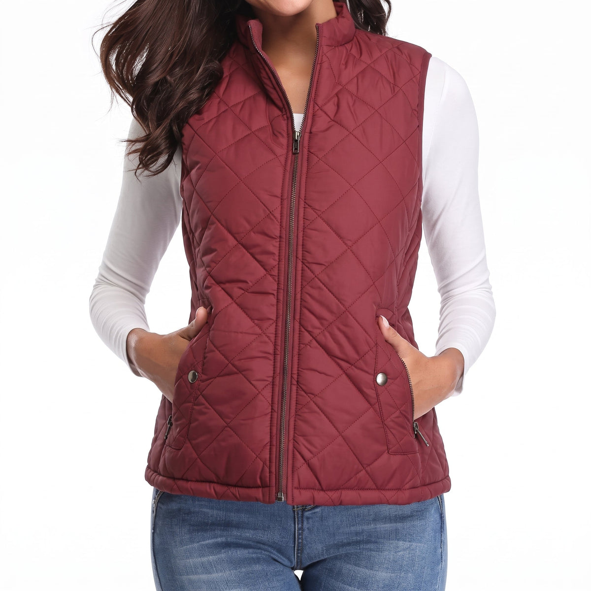 Charlotte - Women's Quilted Zip-Front Gilet with Stand Collar - Vests - Burgundy - Parker&Brooks