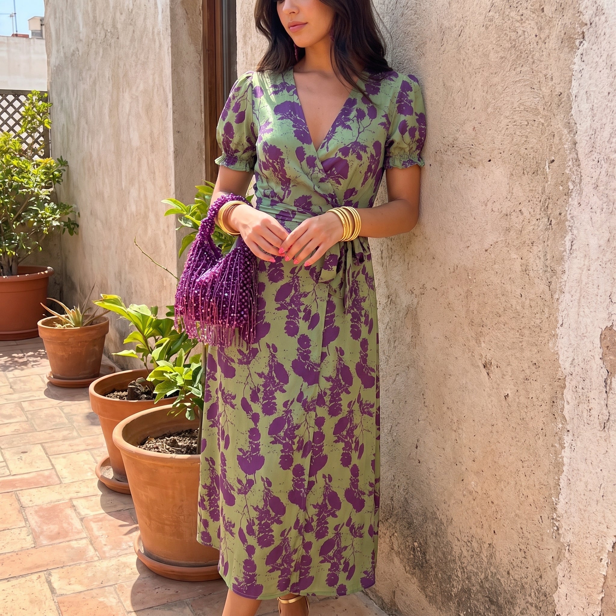 Charlotte - Women's Wedding Guest Floral Wrap Midi Dress - Midi Dress - Green - Parker&Brooks