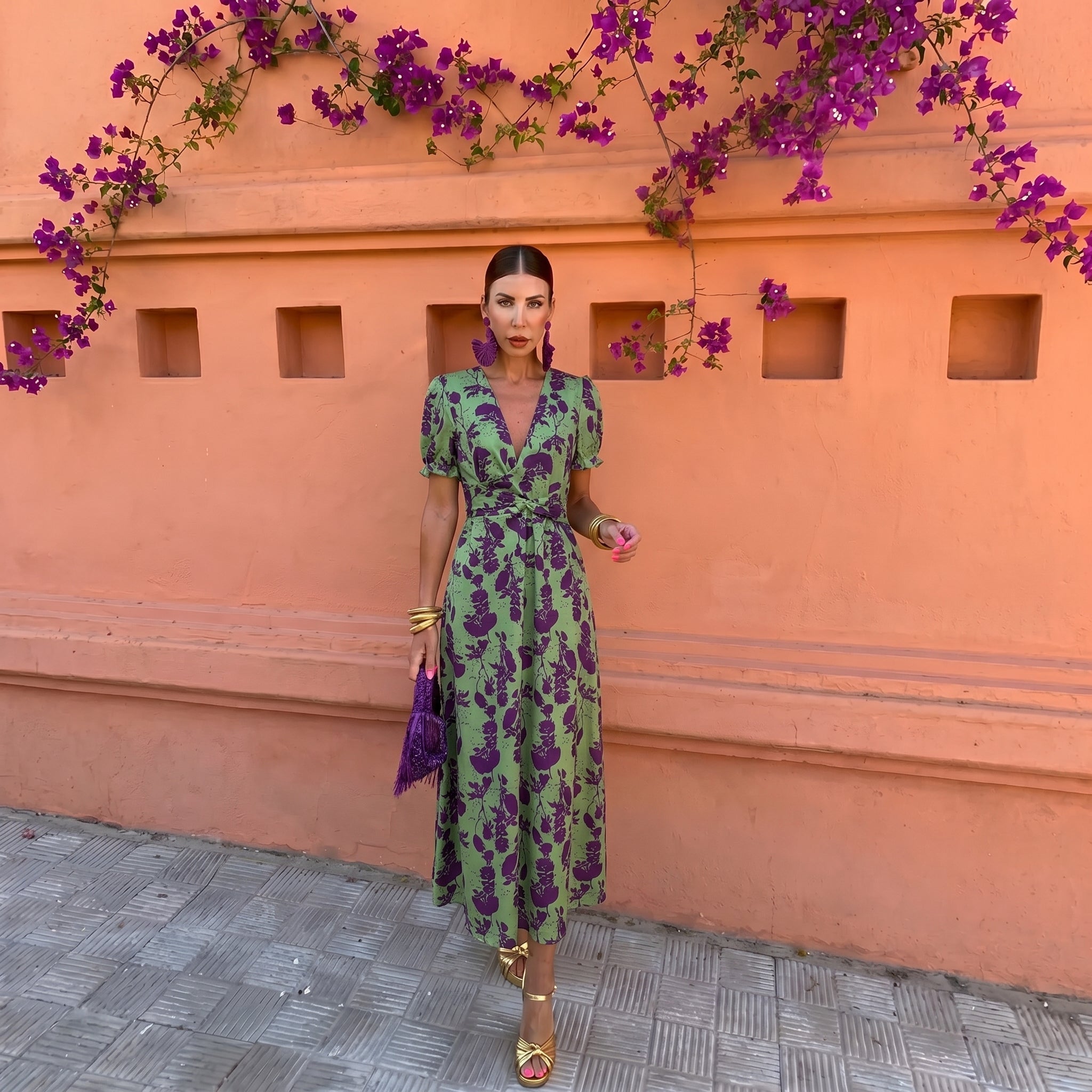 Charlotte - Women's Wedding Guest Floral Wrap Midi Dress - Midi Dress - Green - Parker&Brooks
