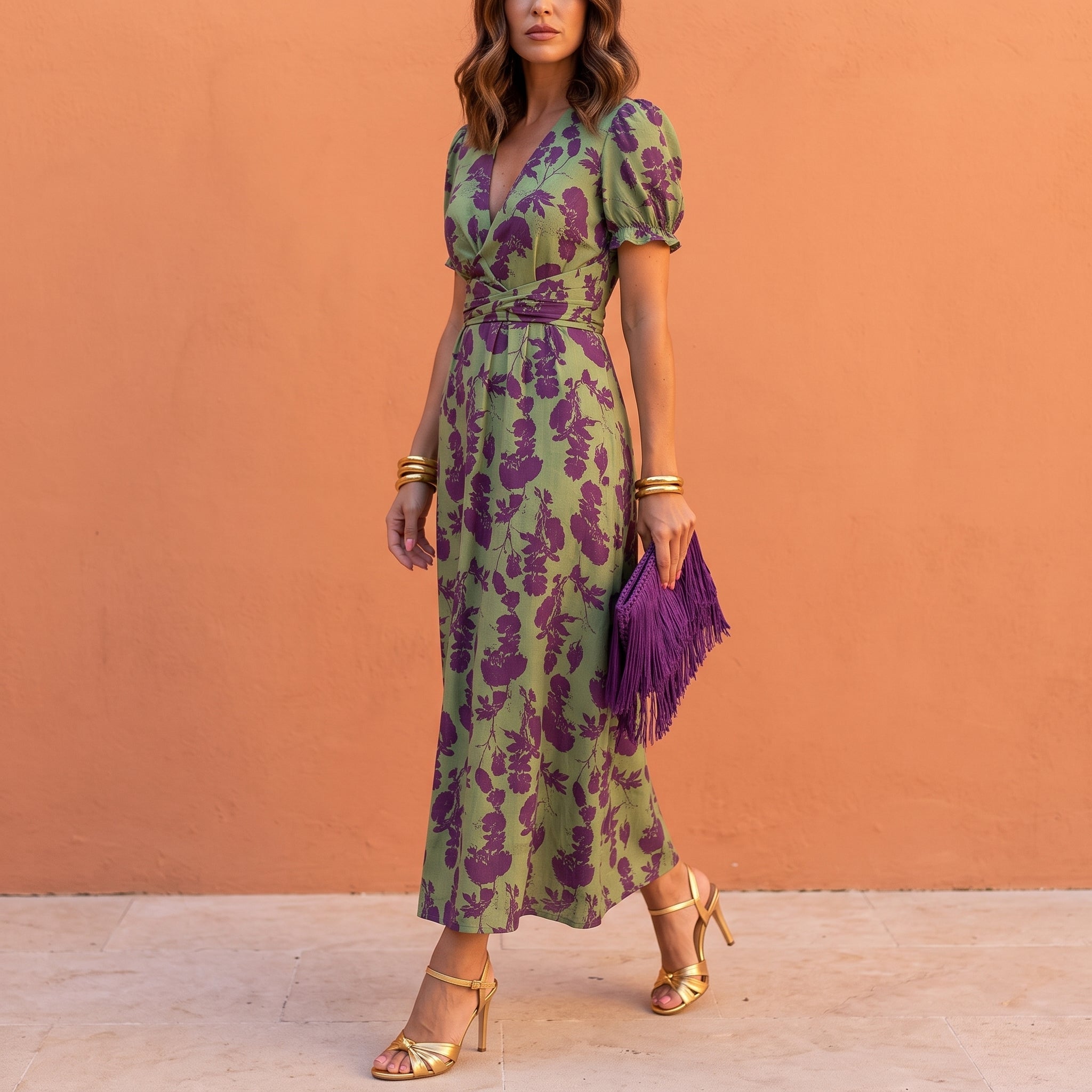 Charlotte - Women's Wedding Guest Floral Wrap Midi Dress - Midi Dress - Green - Parker&Brooks
