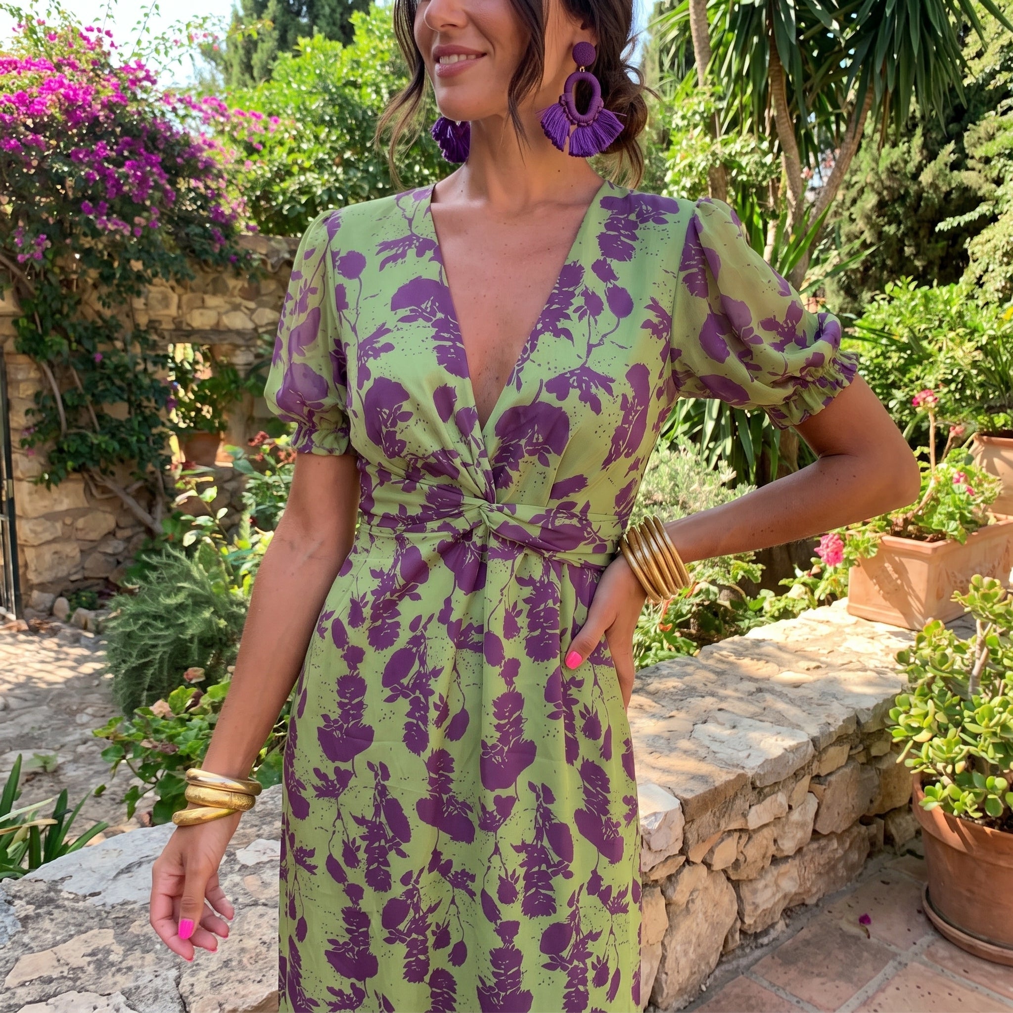 Charlotte - Women's Wedding Guest Floral Wrap Midi Dress - Midi Dress - Green - Parker&Brooks