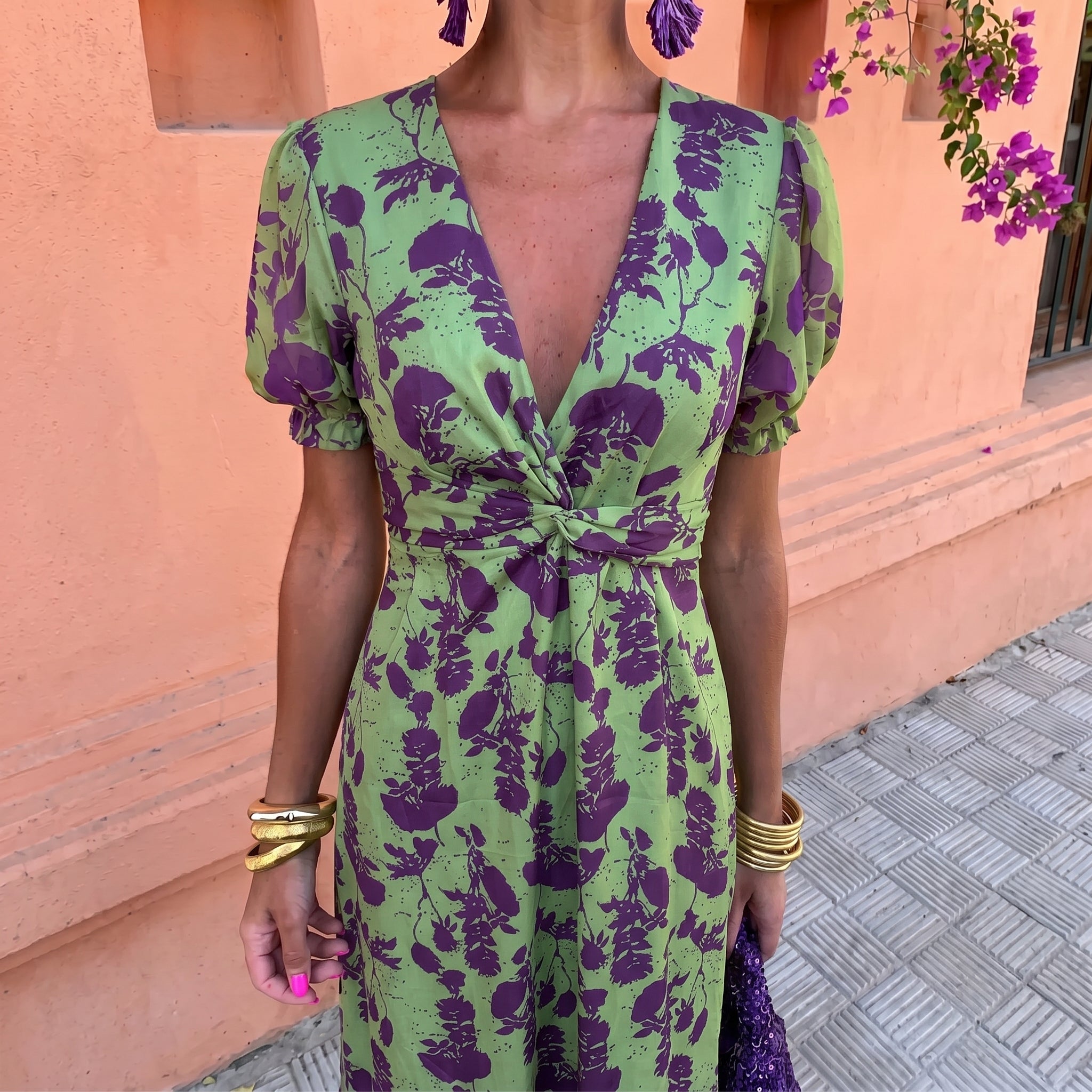 Charlotte - Women's Wedding Guest Floral Wrap Midi Dress - Midi Dress - Green - Parker&Brooks