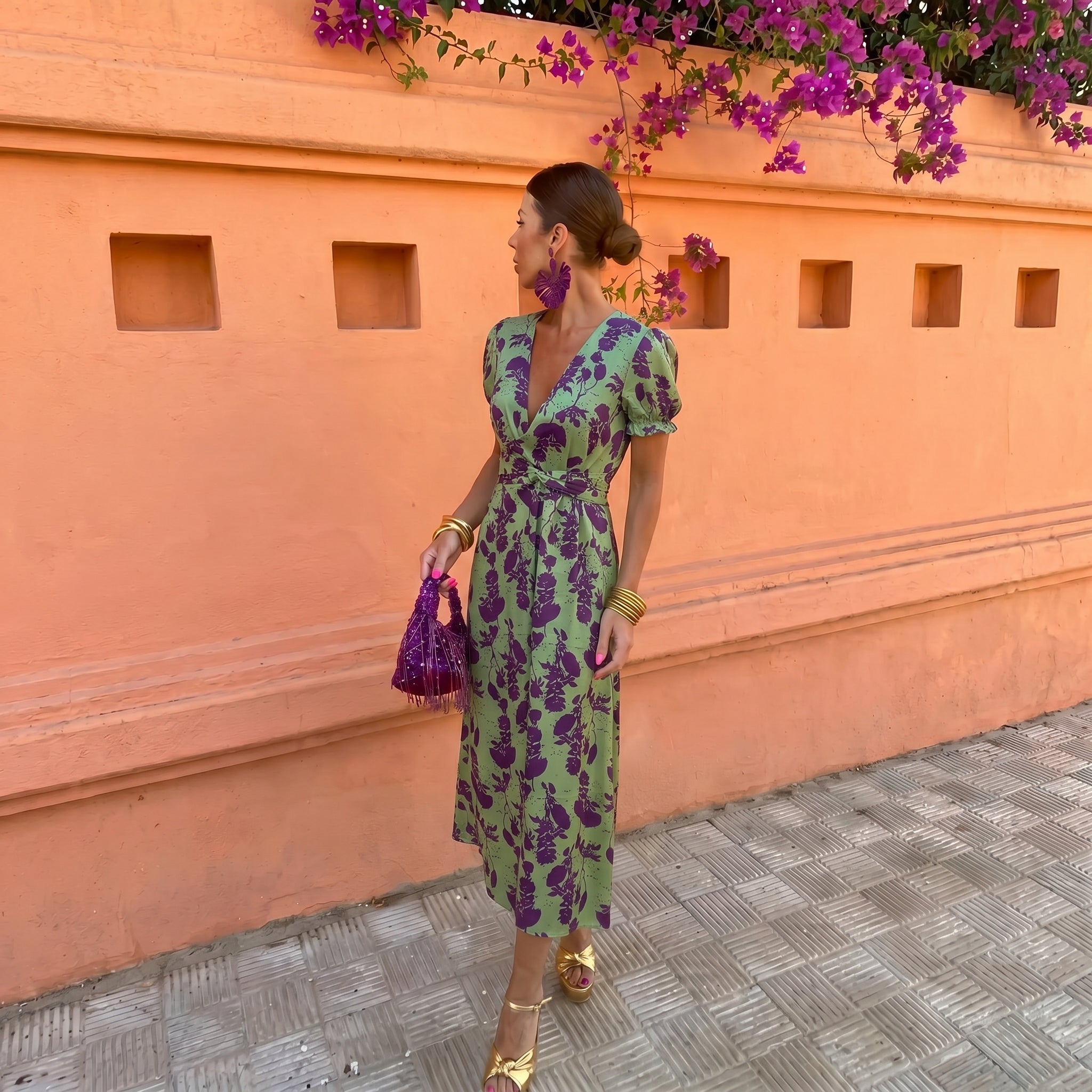 Charlotte - Women's Wedding Guest Floral Wrap Midi Dress - Midi Dress - Green - Parker&Brooks