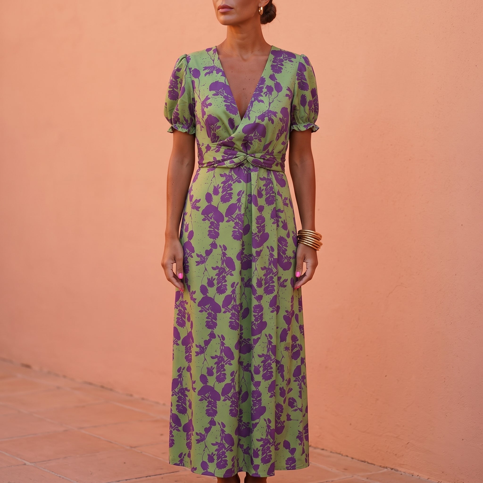 Charlotte - Women's Wedding Guest Floral Wrap Midi Dress - Midi Dress - Green - Parker&Brooks