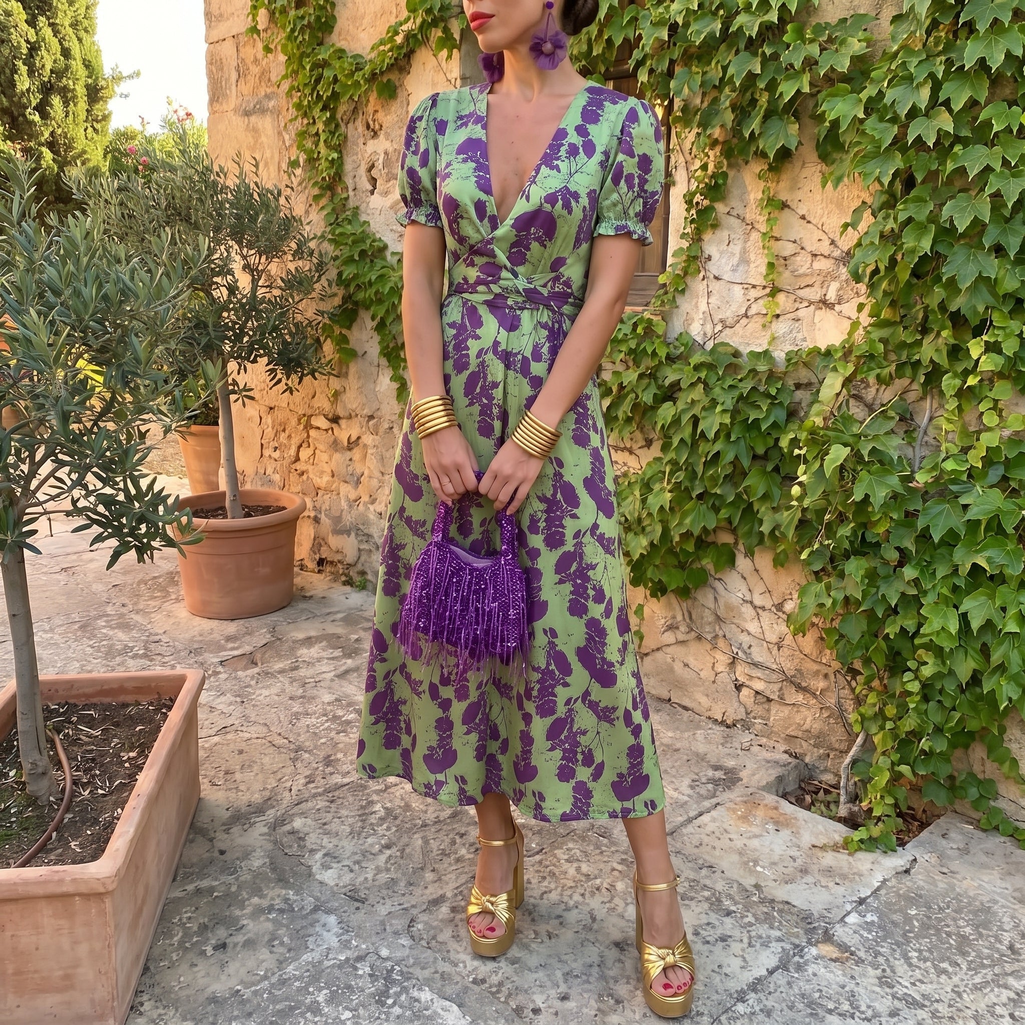 Charlotte - Women's Wedding Guest Floral Wrap Midi Dress - Midi Dress - Green - Parker&Brooks