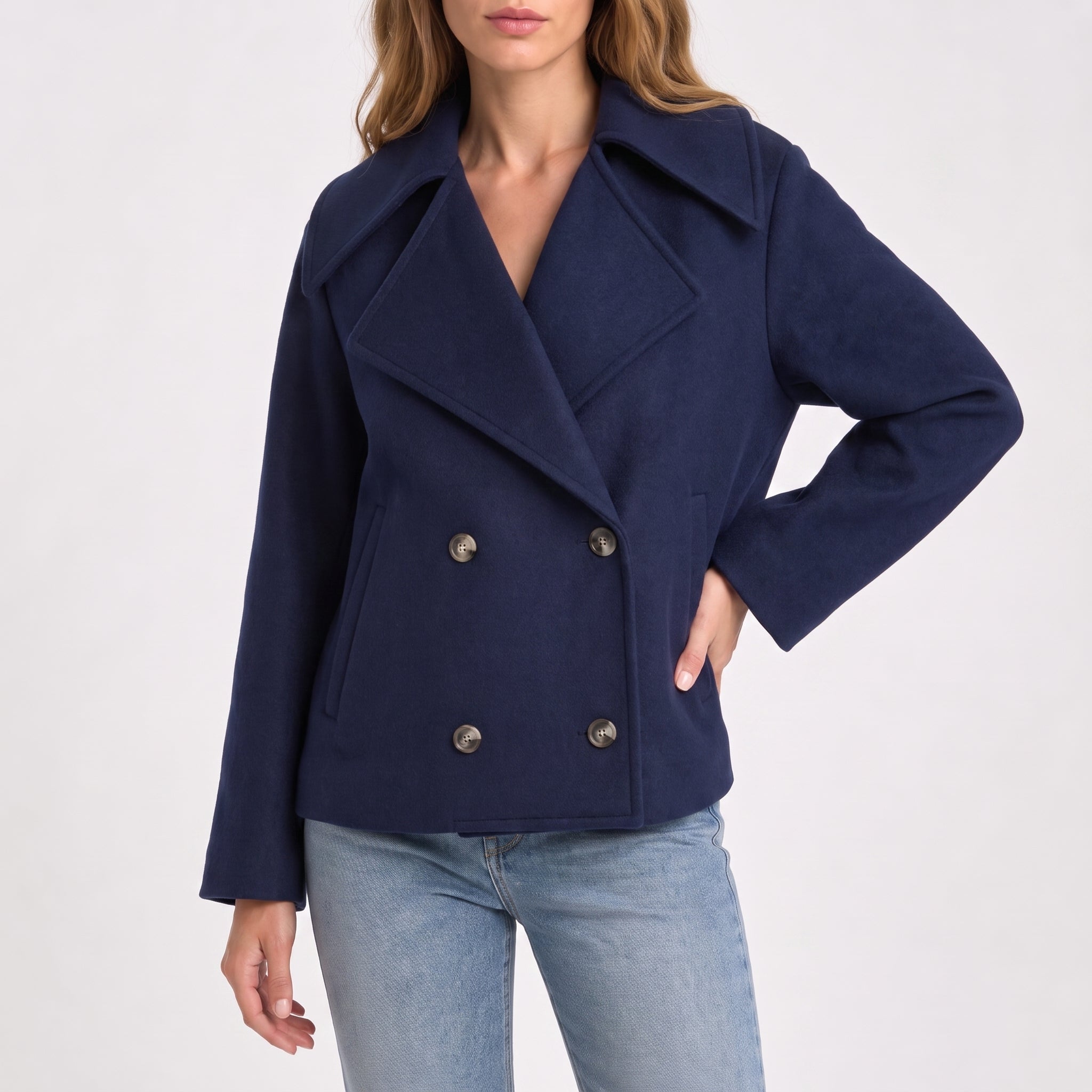 Charlotte - Women's Wide Lapel Cropped Double-Breasted Jacket - Pea Coats - Navy Blue - Parker&Brooks