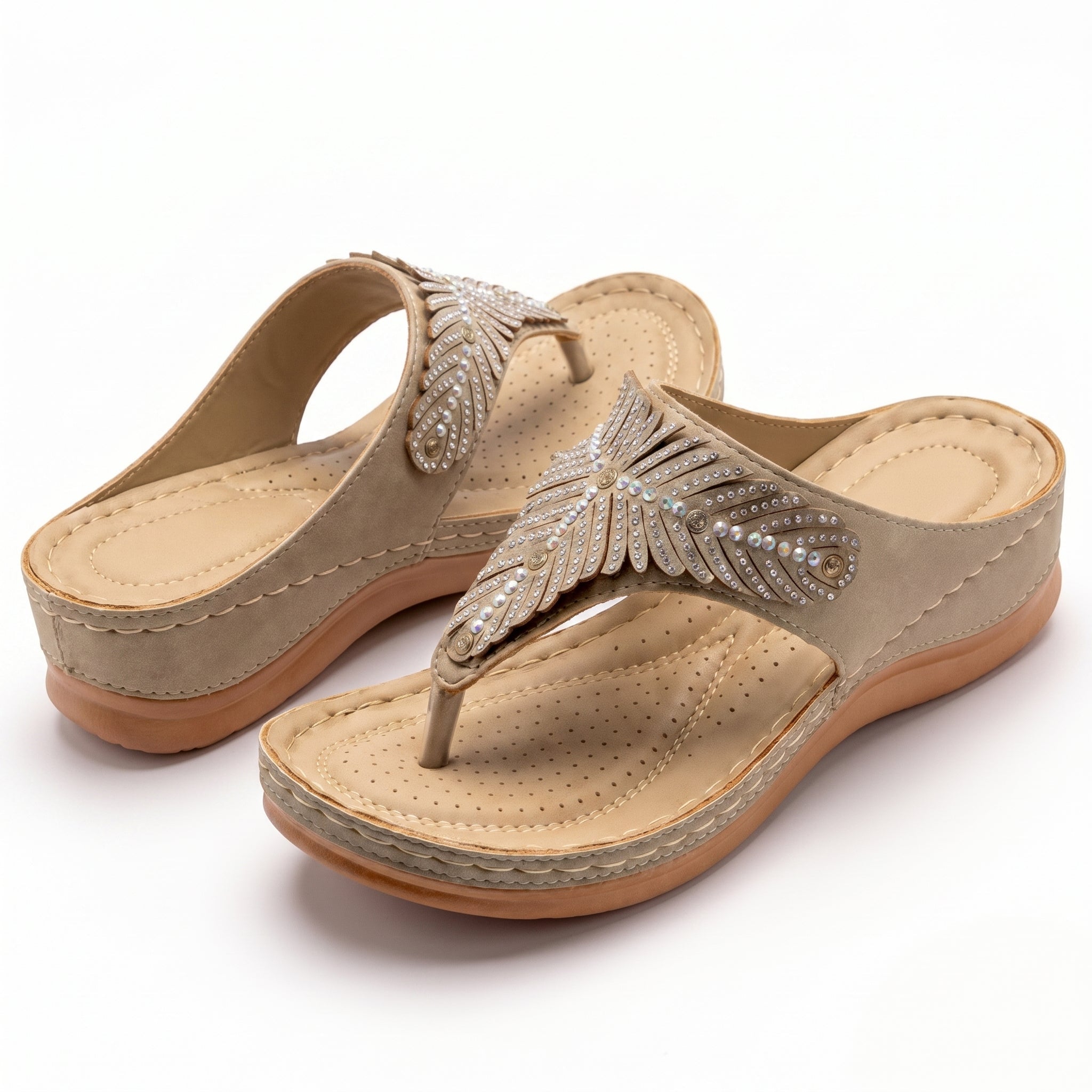 Chloe - Women's Beaded Wedge Sandals - Sandals - Beige - Parker&Brooks