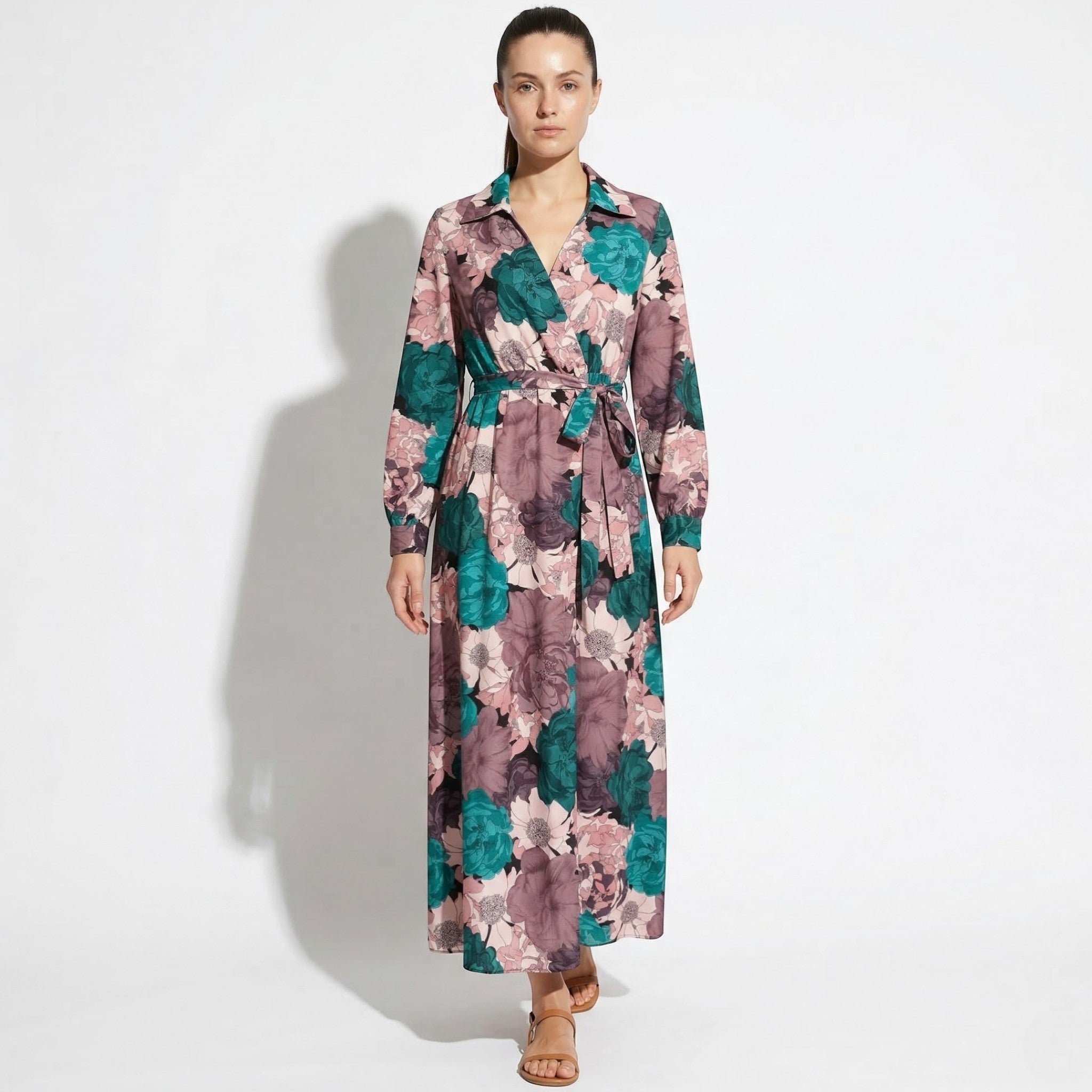 Chloe - Women's Casual Maxi Dress with Waist Tie - Maxi Dress - Dark Green - Parker&Brooks