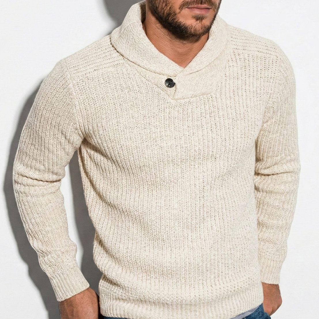 Men’s Ribbed Knit Sweater with Shawl Collar