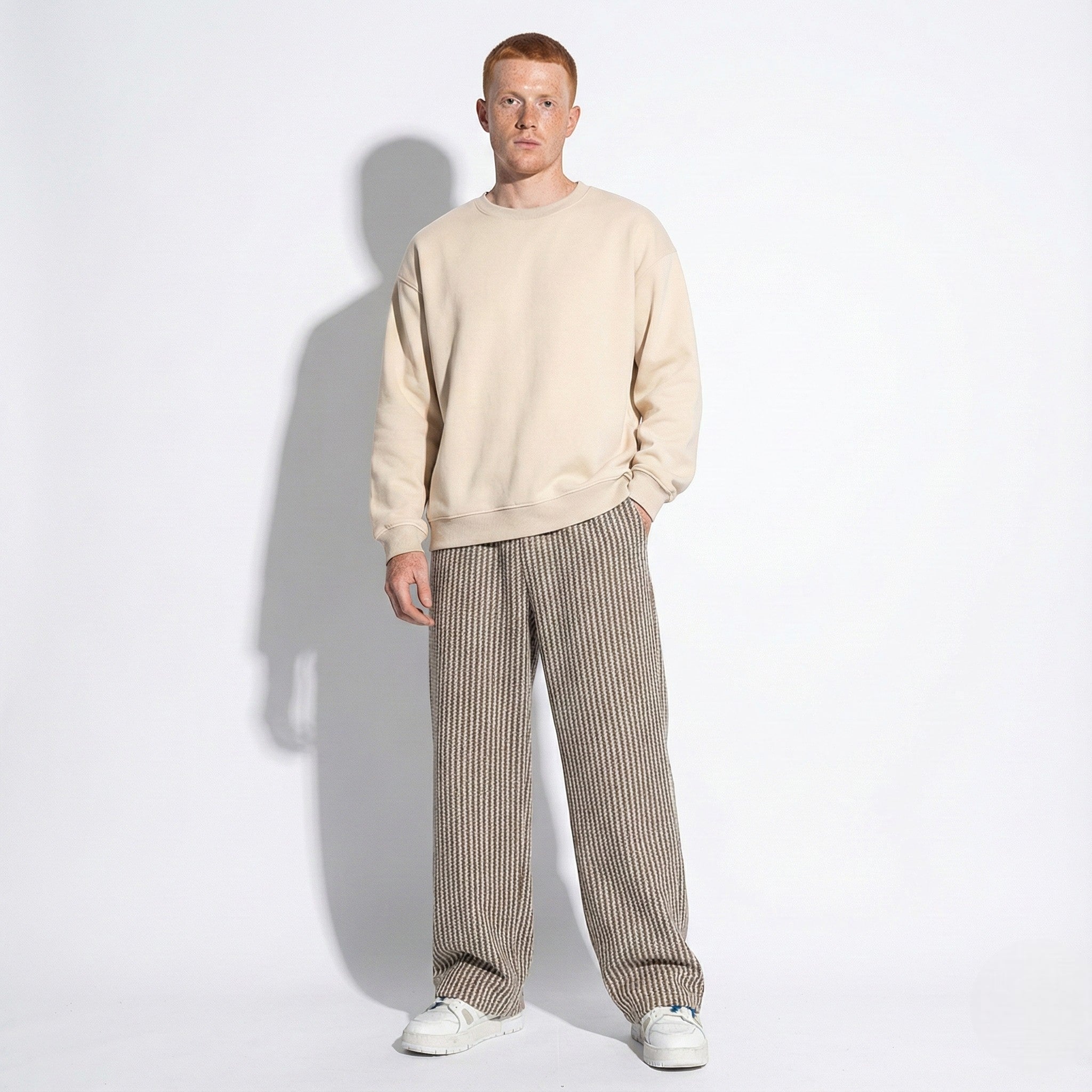 Men's Wide-Leg Trousers with Vertical Stripe Pattern and Drawstring Waist