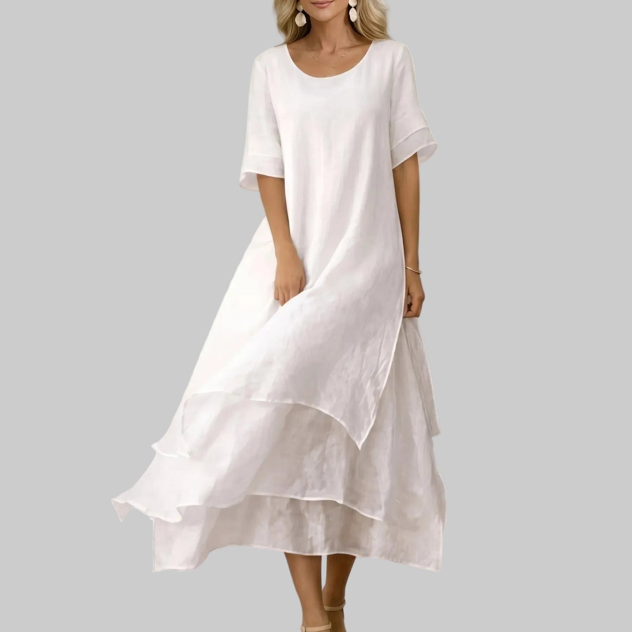 Clara - Women's Casual Layered Scoop Neck Midi Dress - Midi Dress - White - Parker&Brooks