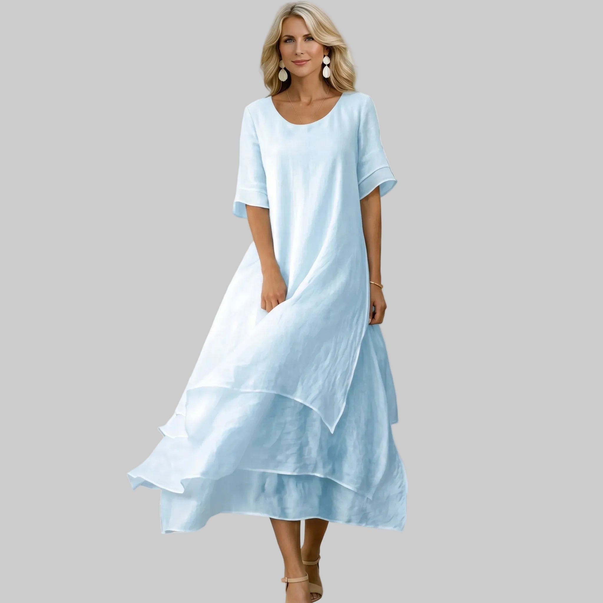 Clara - Women's Casual Layered Scoop Neck Midi Dress - Midi Dress - Blue - Parker&Brooks