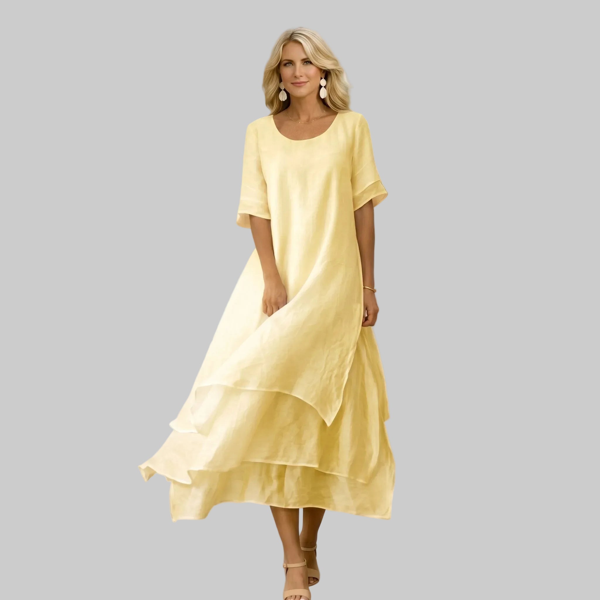 Clara - Women's Casual Layered Scoop Neck Midi Dress - Midi Dress - Yellow - Parker&Brooks