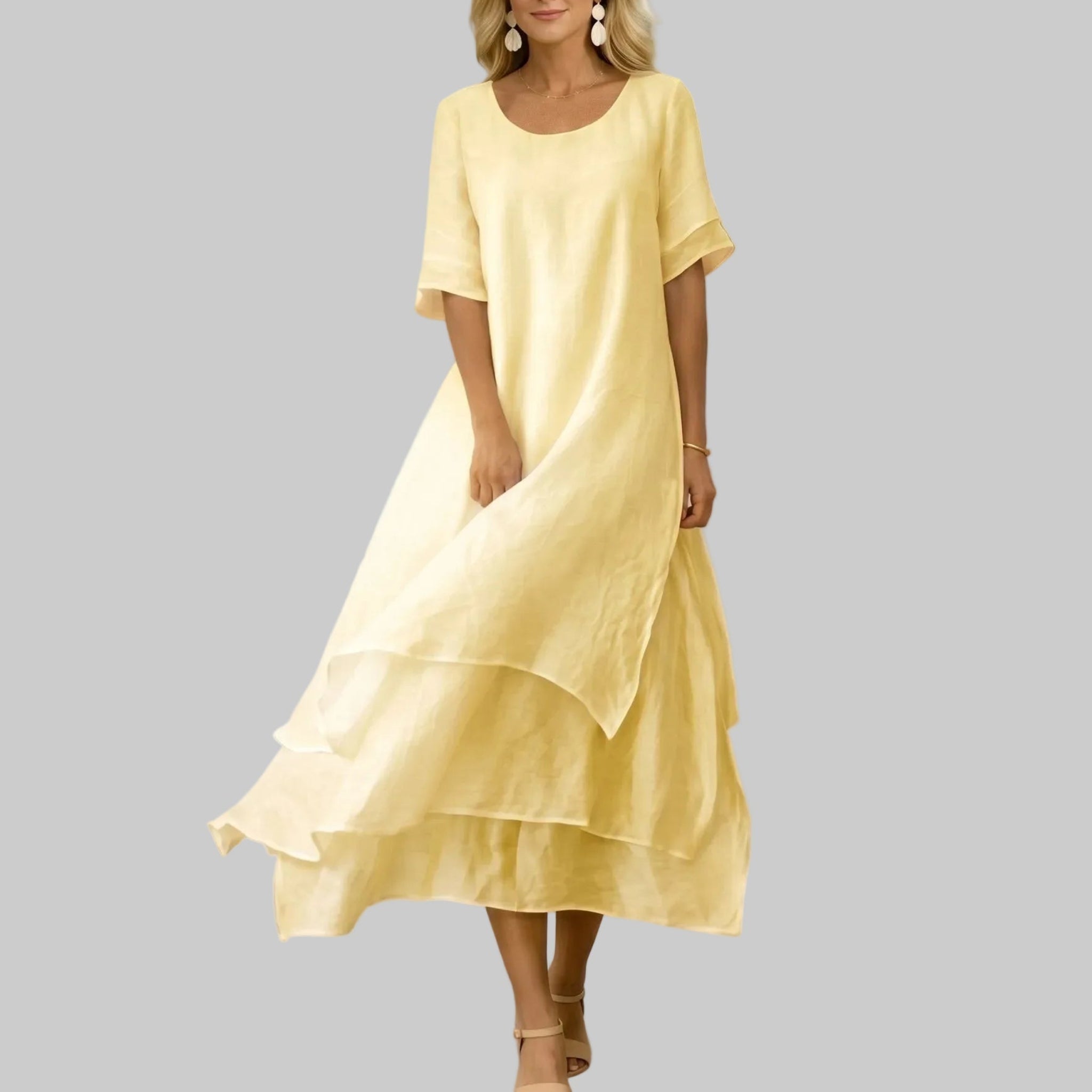 Clara - Women's Casual Layered Scoop Neck Midi Dress - Midi Dress - Yellow - Parker&Brooks