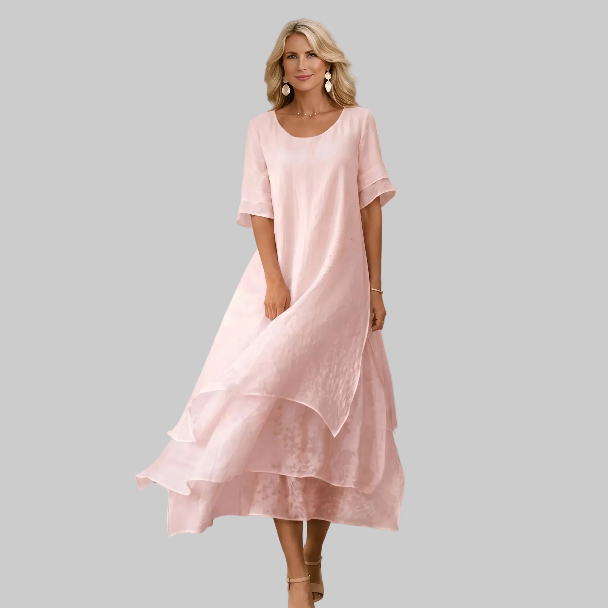 Clara - Women's Casual Layered Scoop Neck Midi Dress - Midi Dress - Pink - Parker&Brooks