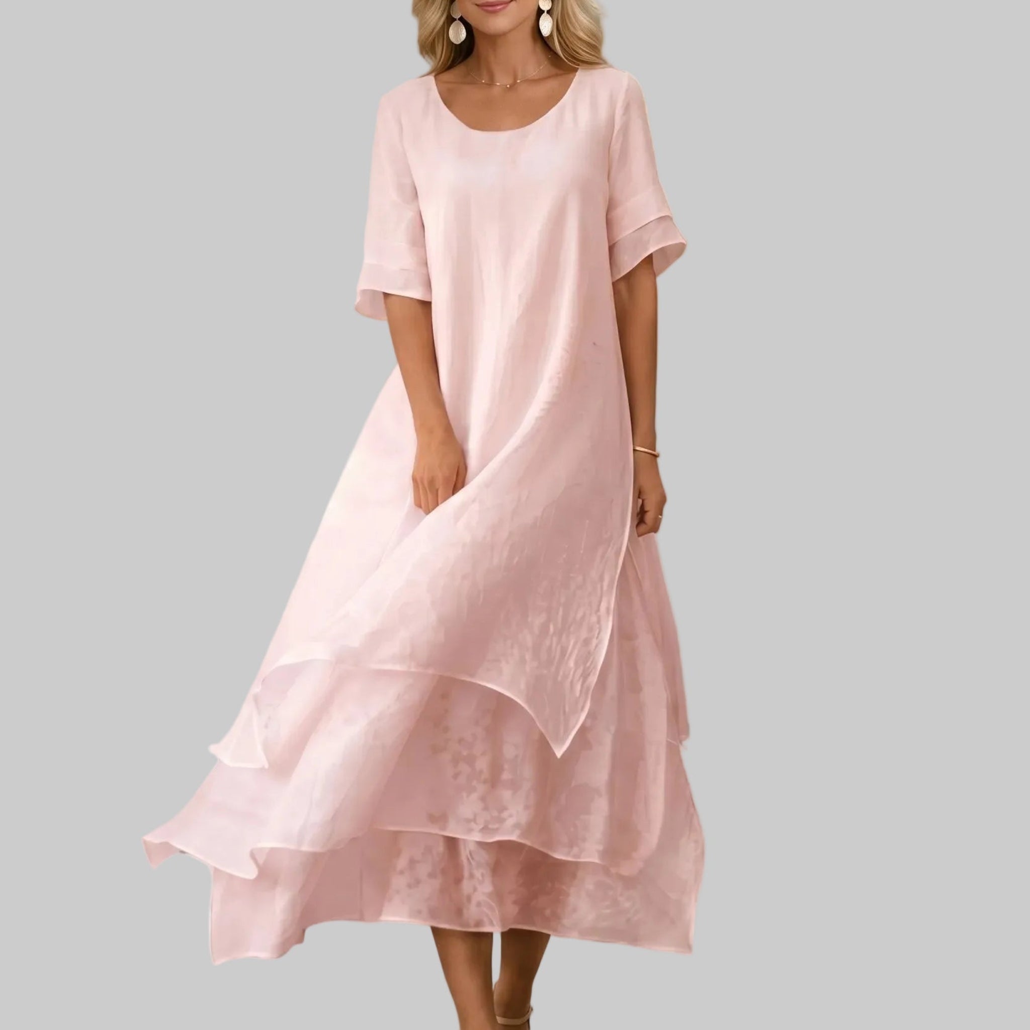 Clara - Women's Casual Layered Scoop Neck Midi Dress - Midi Dress - Pink - Parker&Brooks