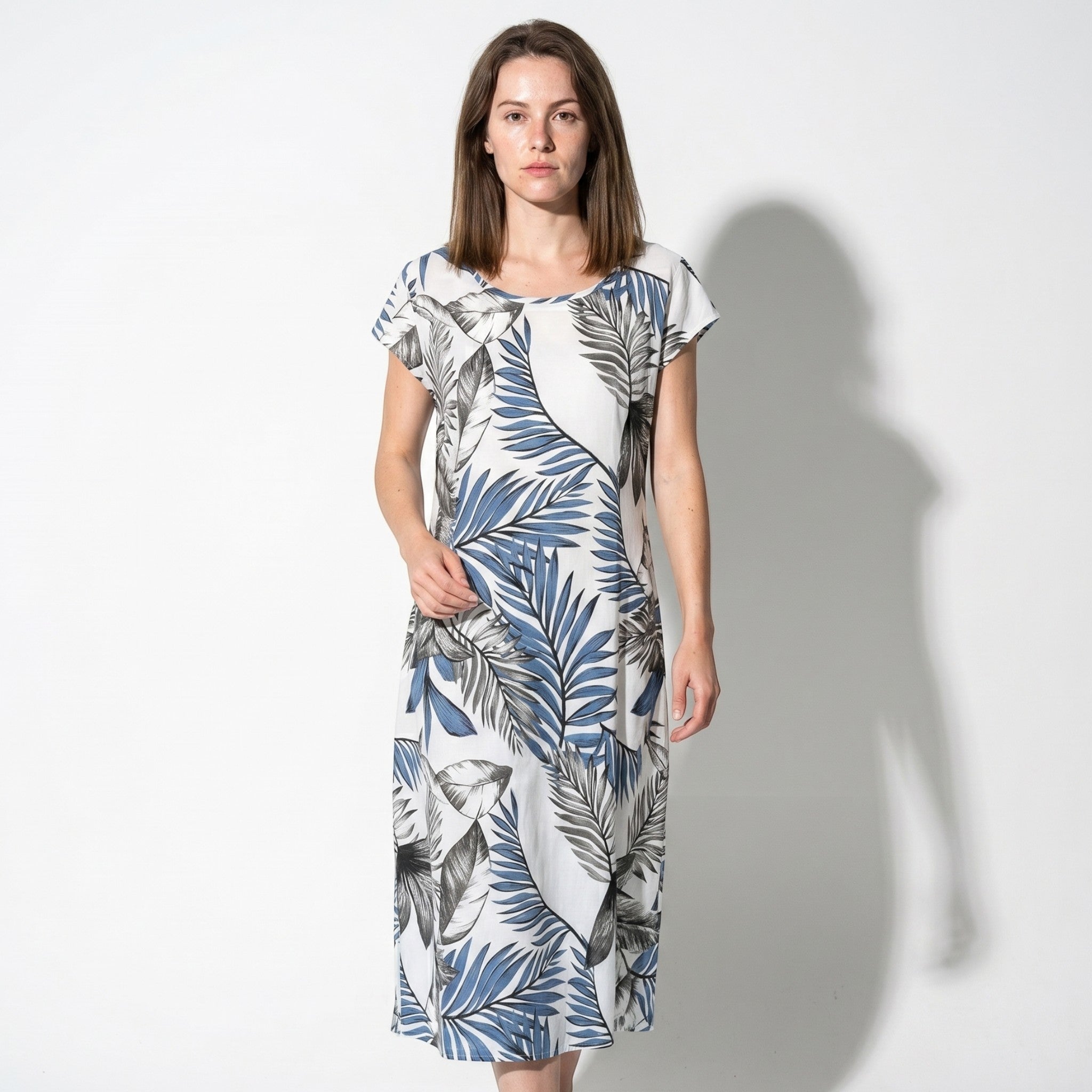 Clara - Women's Summer Print Cap Sleeve Midi Dress - Midi Dresses - Blue - Parker&Brooks