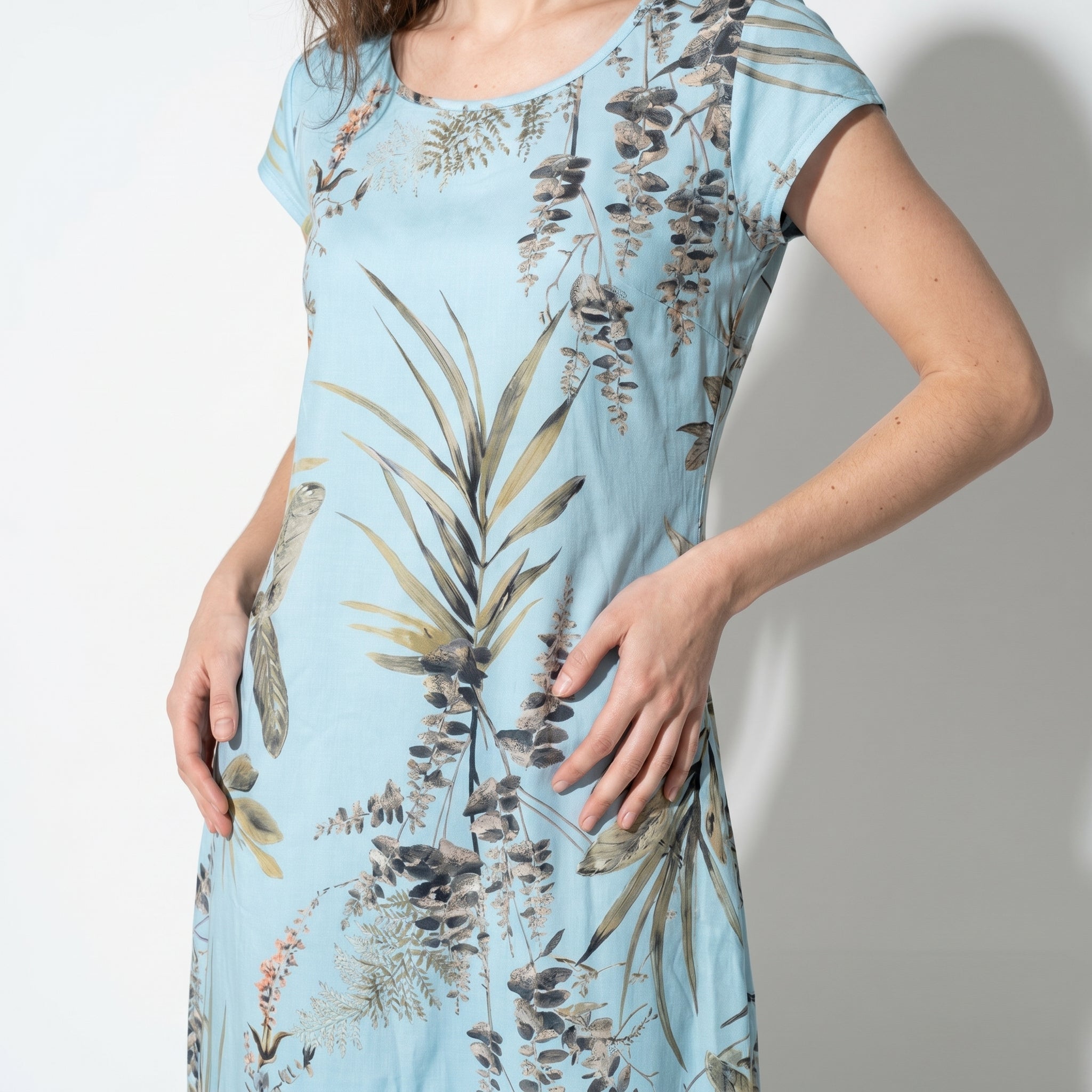 Clara - Women's Summer Print Cap Sleeve Midi Dress - Midi Dresses - Light Blue - Parker&Brooks