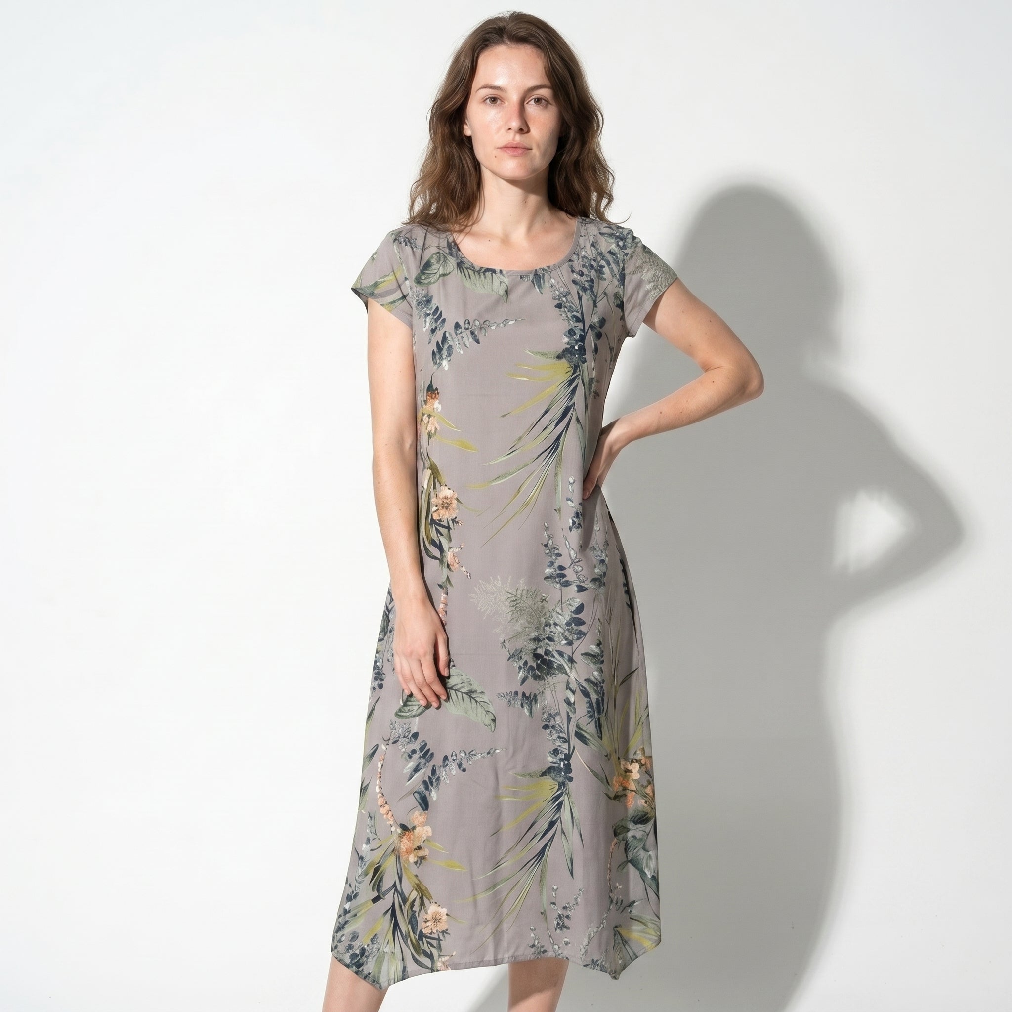 Clara - Women's Summer Print Cap Sleeve Midi Dress - Midi Dresses - Brown - Parker&Brooks
