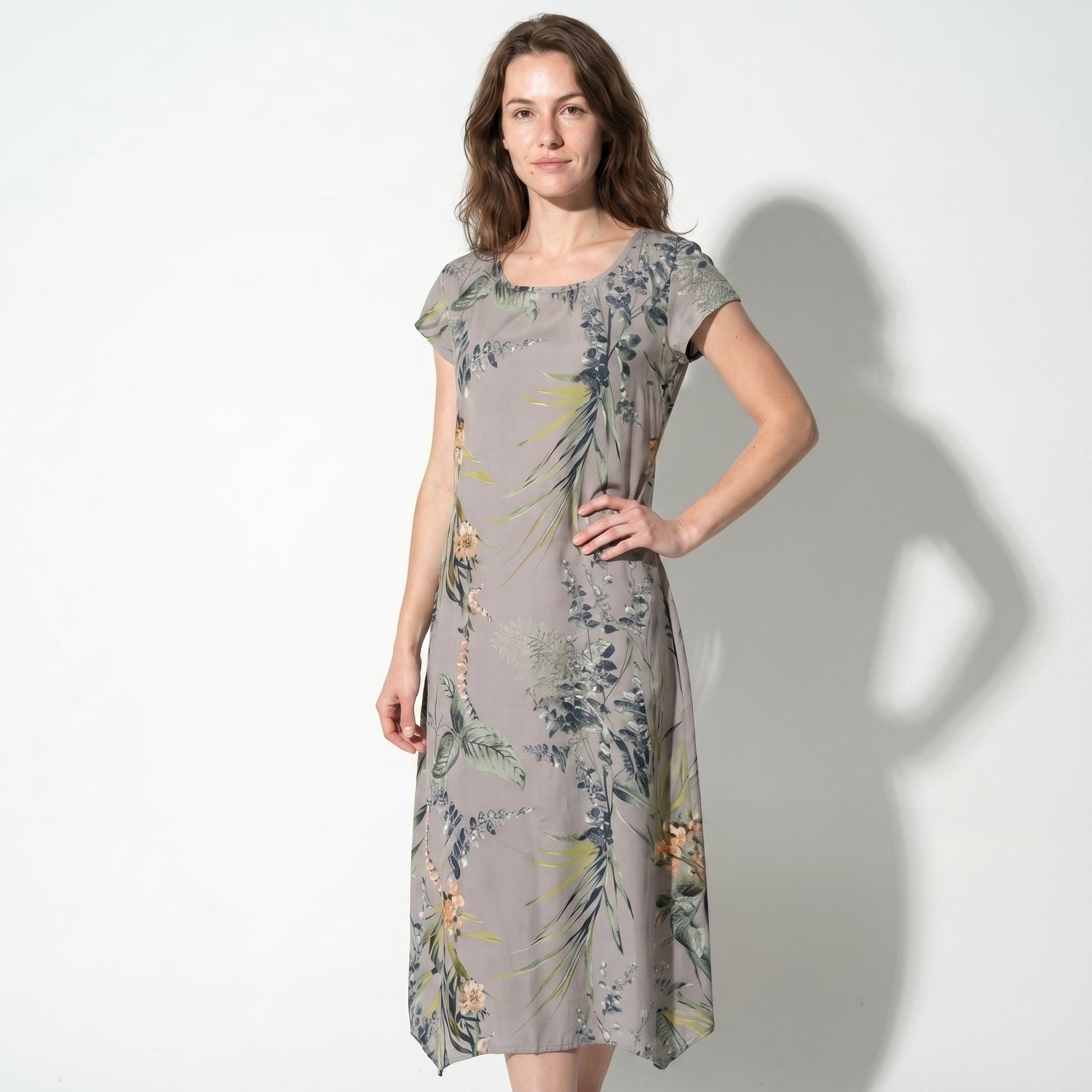 Clara - Women's Summer Print Cap Sleeve Midi Dress - Midi Dresses - Brown - Parker&Brooks