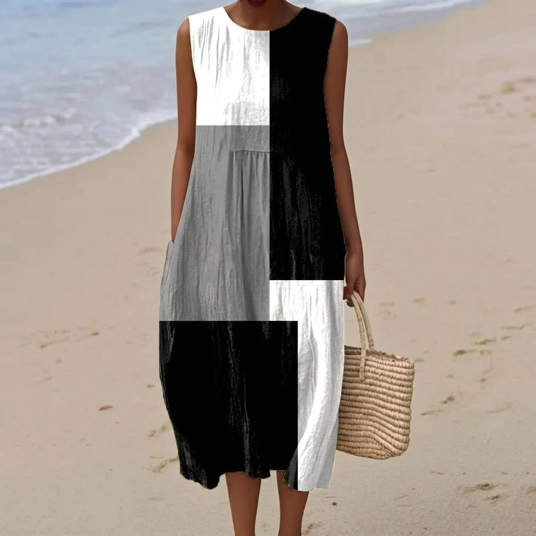 Clara - Women's Summer Sleeveless Colour Block Midi Dress - Midi Dress - Black - Parker&Brooks