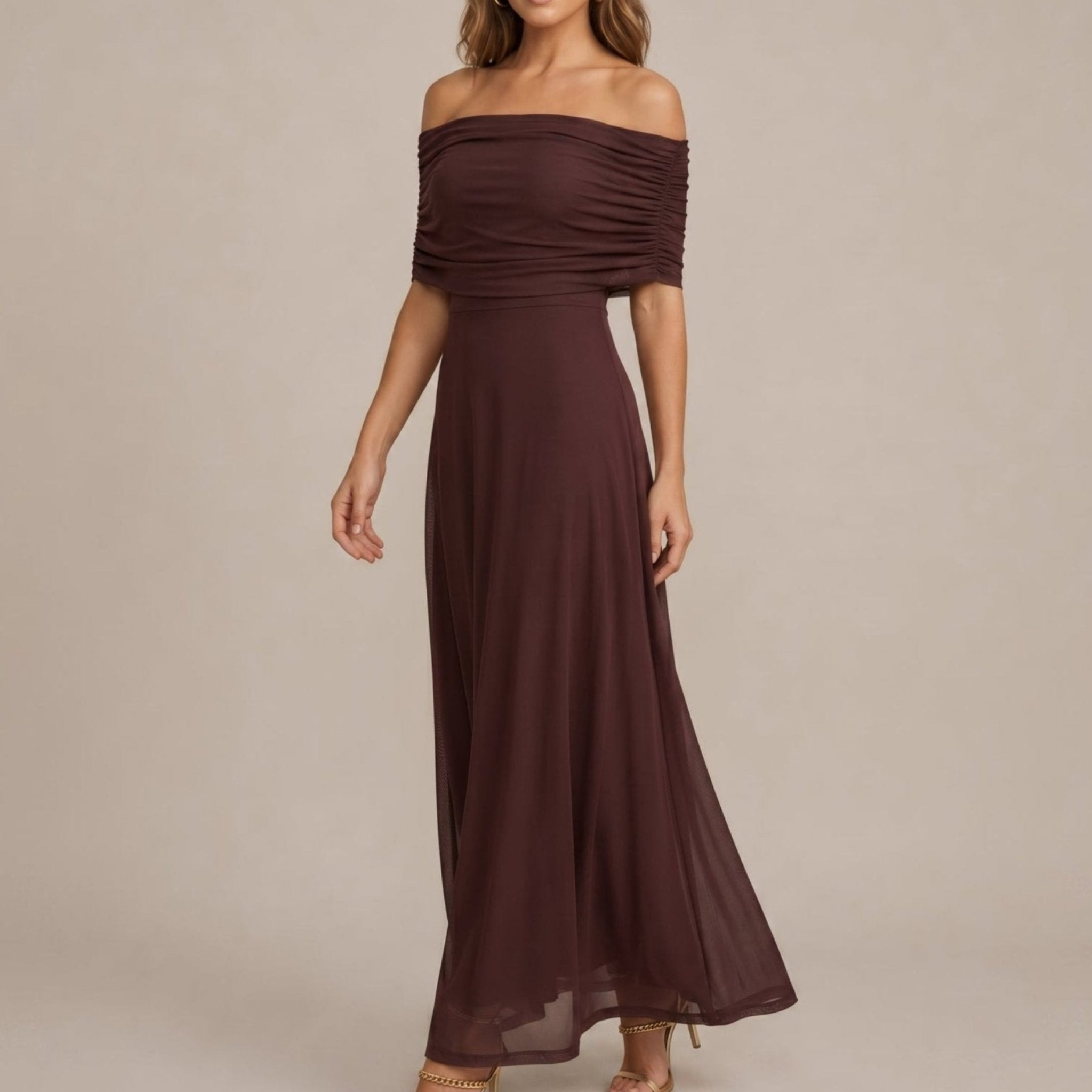 Clara - Women's Wedding Guest Off-Shoulder Ruched Maxi Dress