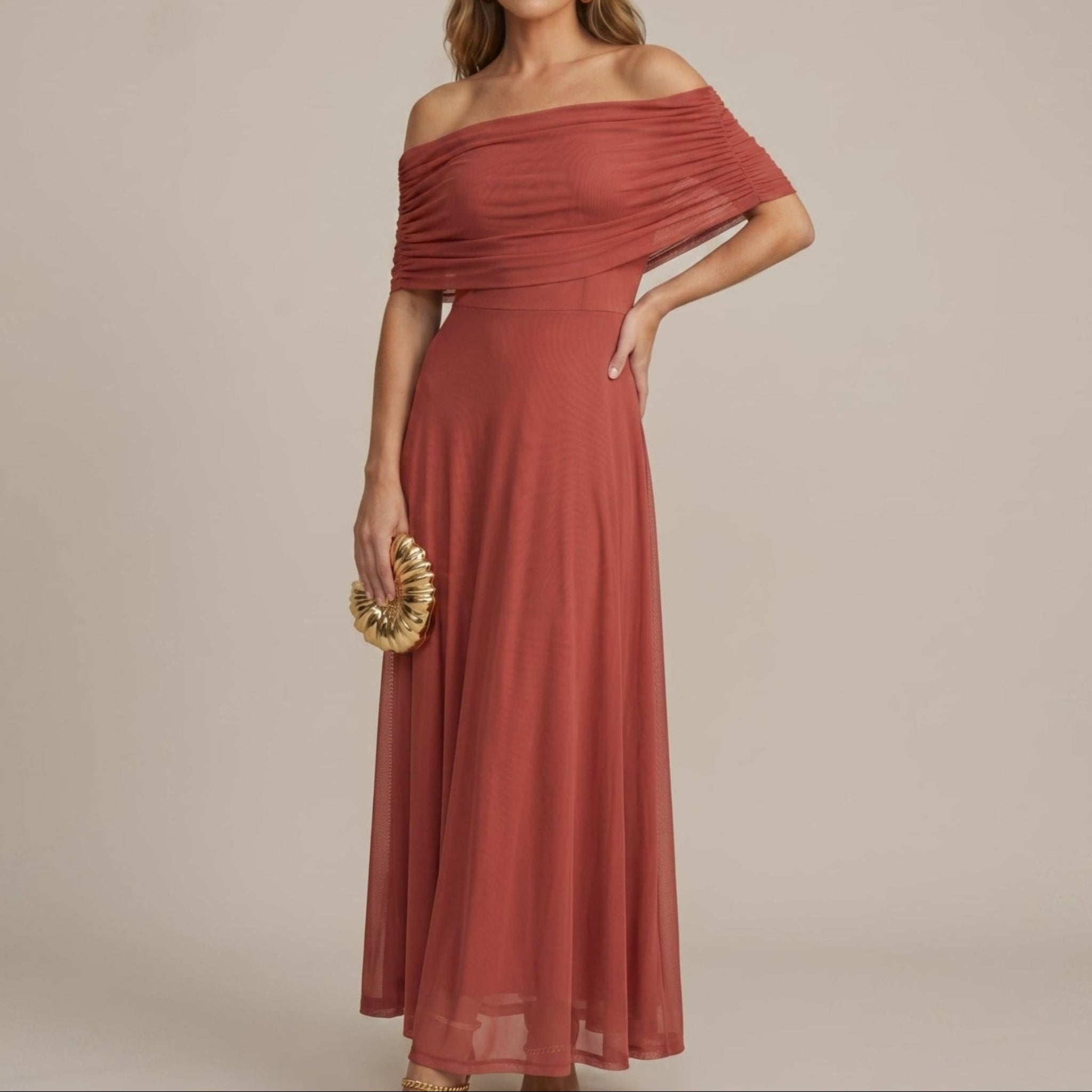 Clara - Women's Wedding Guest Off-Shoulder Ruched Maxi Dress