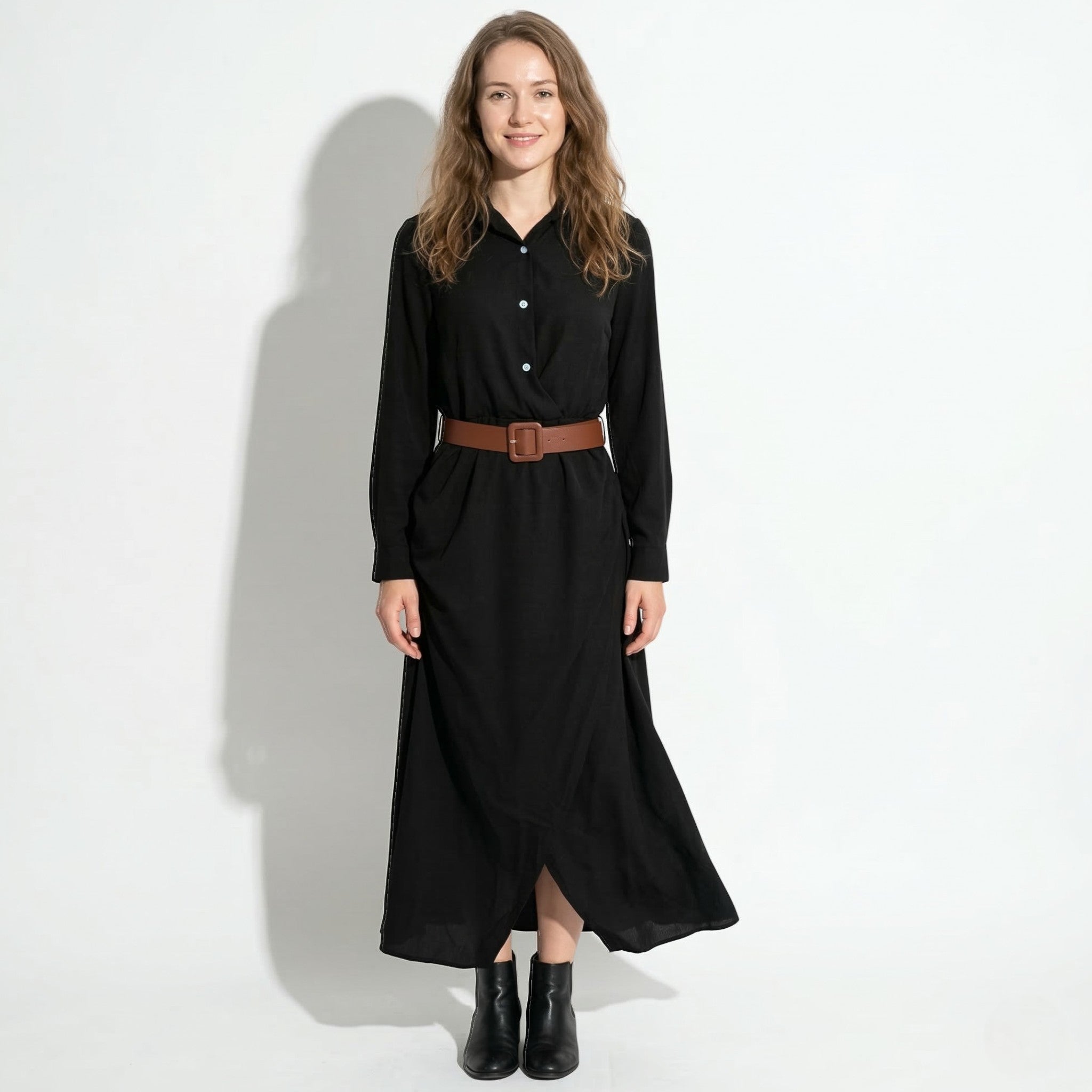 Clara - Women's Casual Belted Wrap Maxi Dress - Maxi Dress - Black - Parker&Brooks
