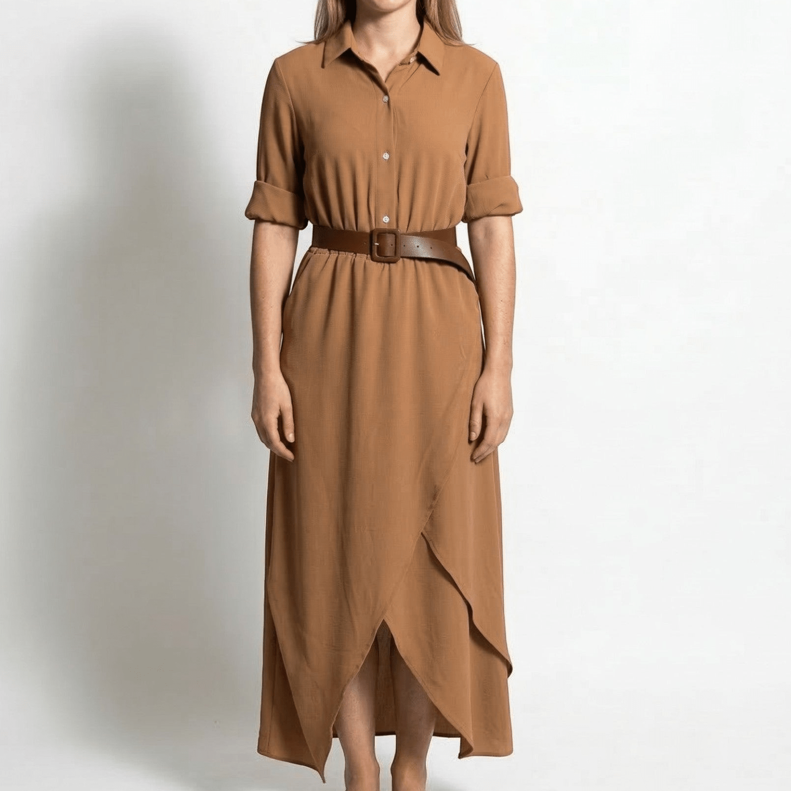 Clara - Women's Casual Belted Wrap Maxi Dress - Maxi Dress - Khaki - Parker&Brooks