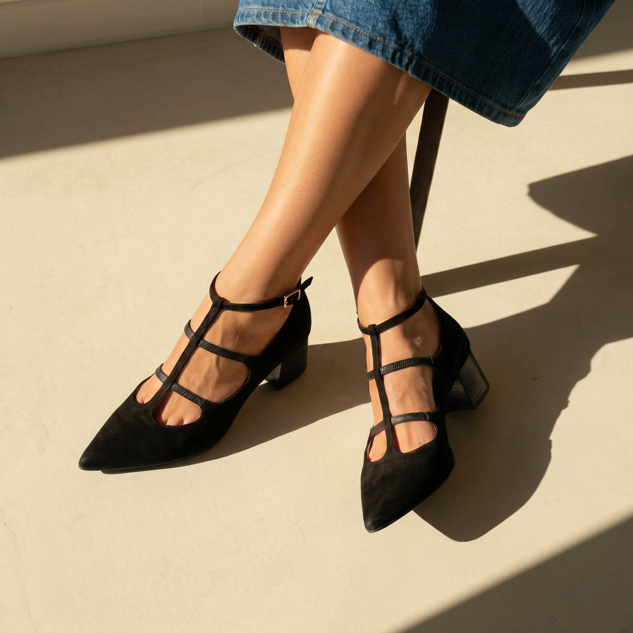 Daisy - Women's Pointed Toe Multi - Strap Kitten Heel Pumps - Heels - Black - Parker&Brooks
