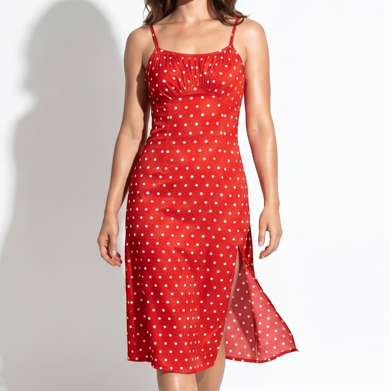 Dotty - Women's Summer Ruched Midi Dress with Side Split - Midi Dress - Red - Parker&Brooks