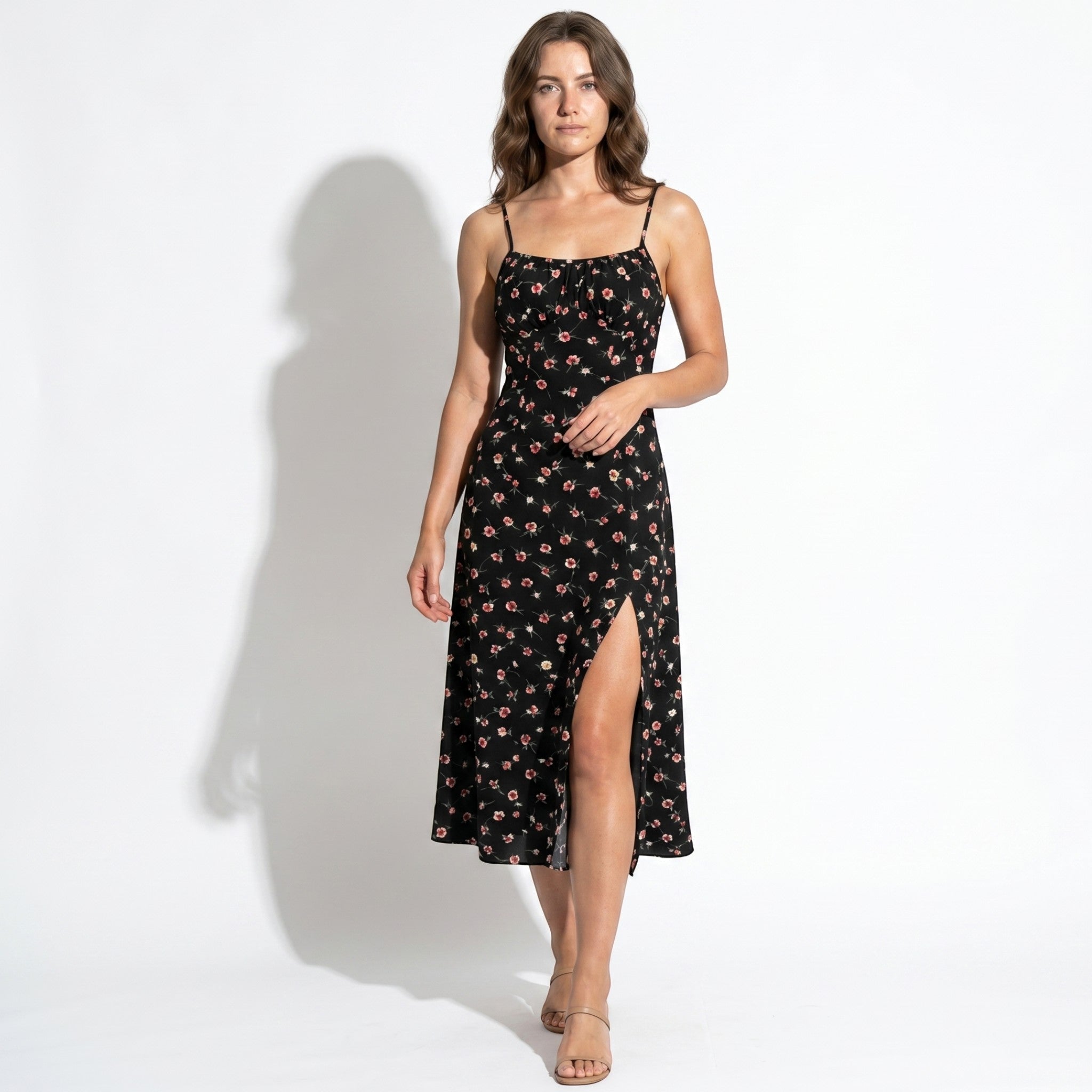 Dotty - Women's Summer Ruched Midi Dress with Side Split - Midi Dress - Black - Parker&Brooks
