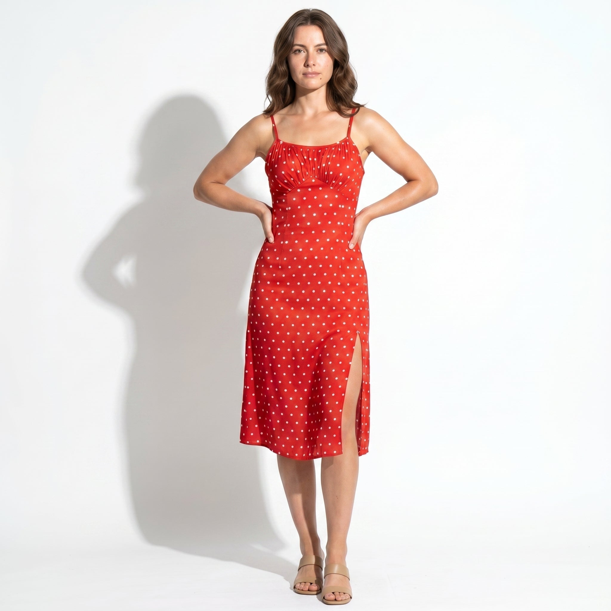 Dotty - Women's Summer Ruched Midi Dress with Side Split - Midi Dress - Red - Parker&Brooks