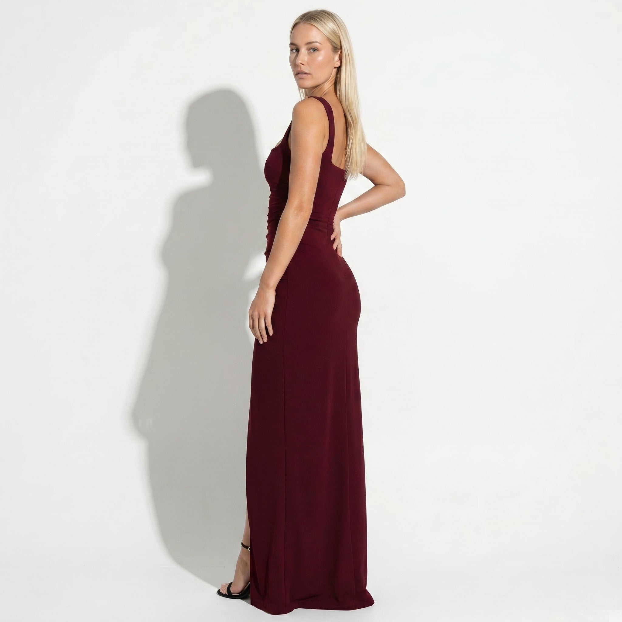 Elena - Women's Elegant Evening Maxi Dress with High Slit - Maxi Dress - Burgundy - Parker&Brooks