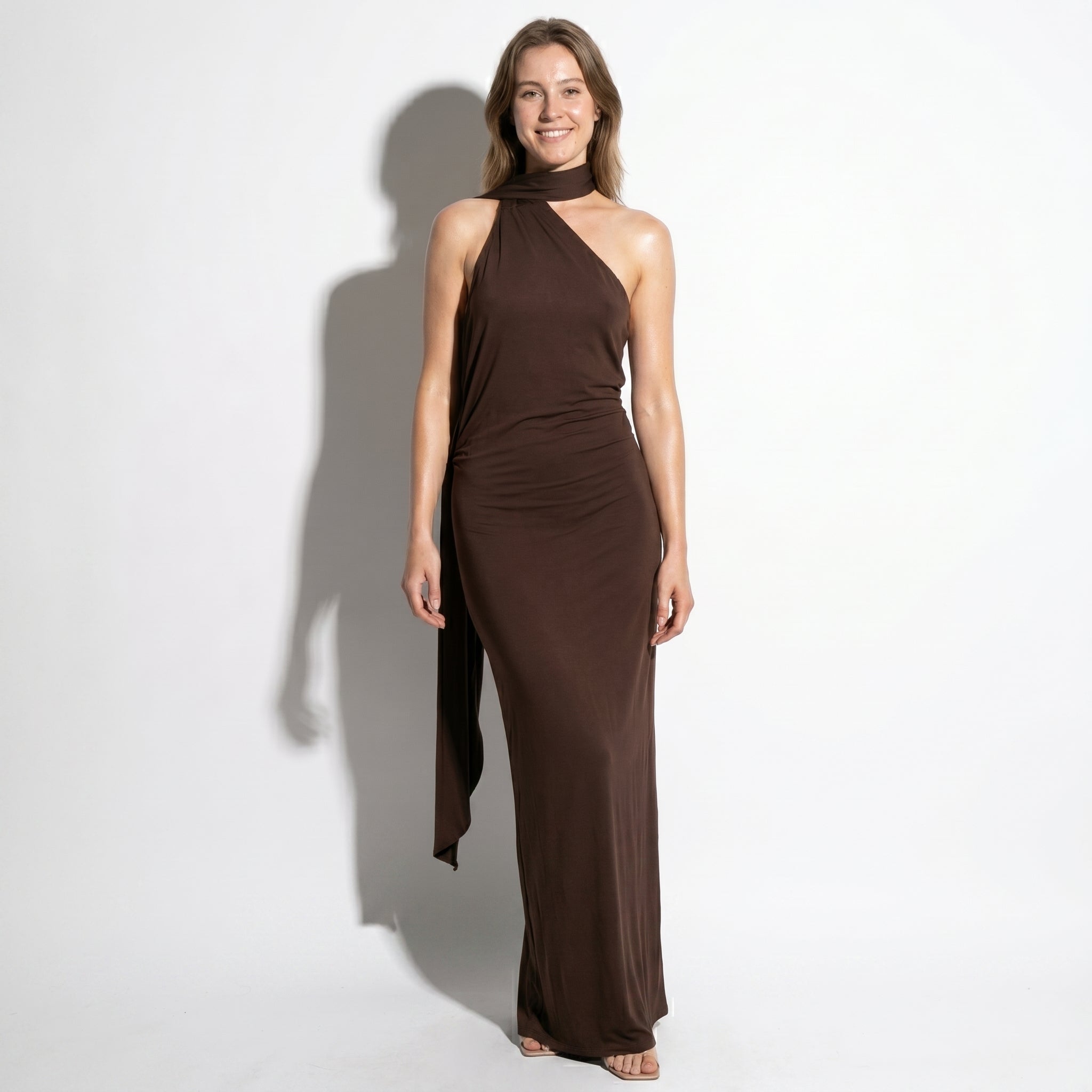 Elena - Women's Elegant Wedding Guest Backless Maxi Dress - Maxi Dress - Brown - Parker&Brooks