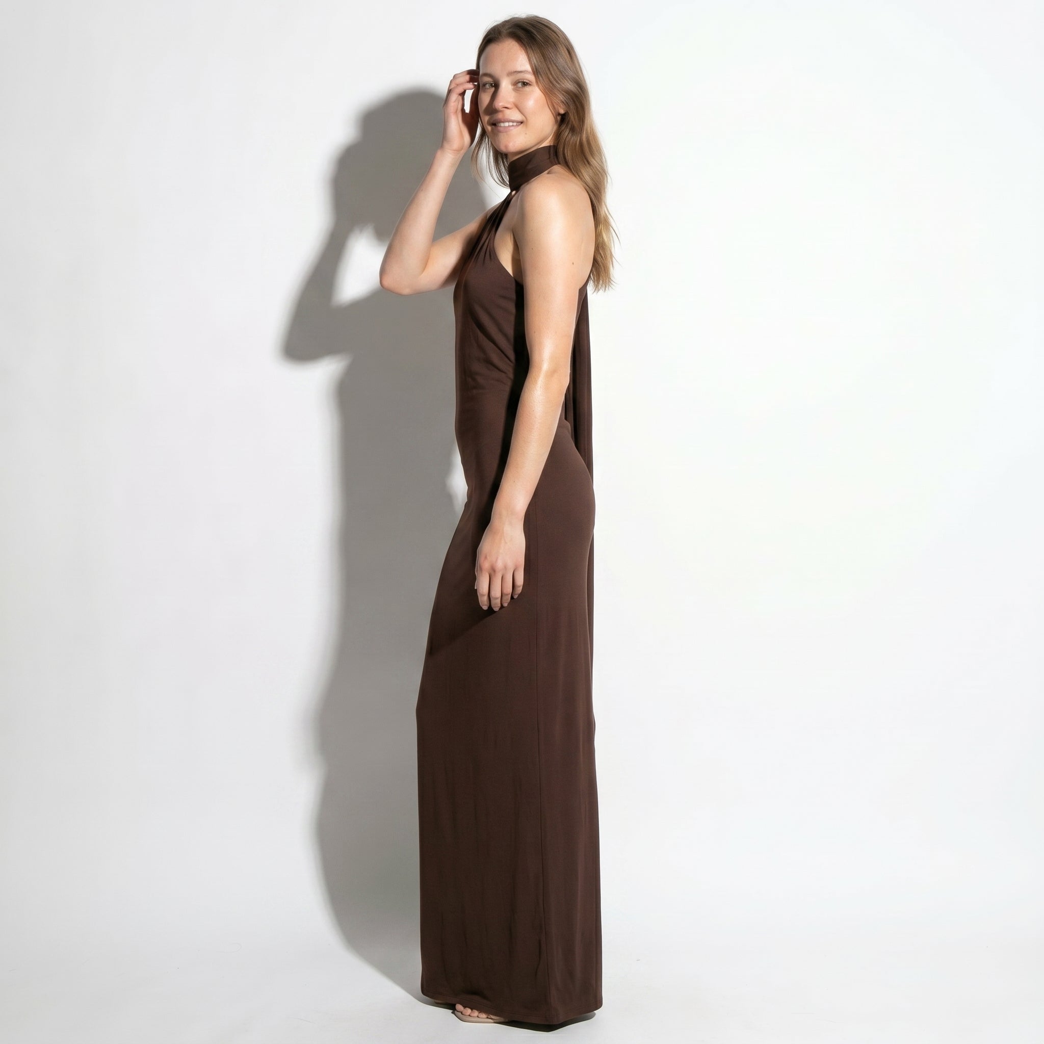 Elena - Women's Elegant Wedding Guest Backless Maxi Dress - Maxi Dress - Brown - Parker&Brooks