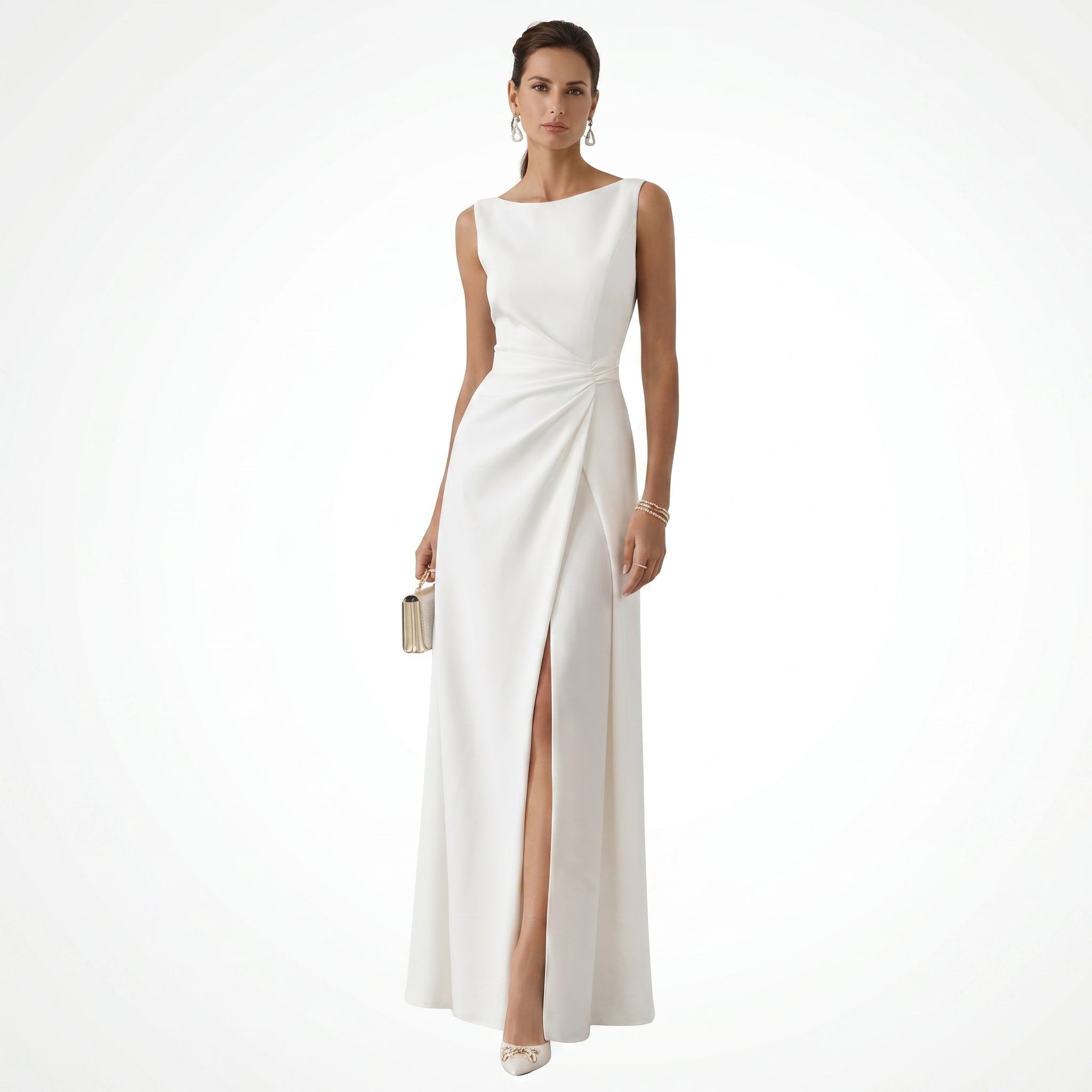 Elena - Women's Evening Draped Side Split Maxi Dress - Maxi Dress - White - Parker&Brooks