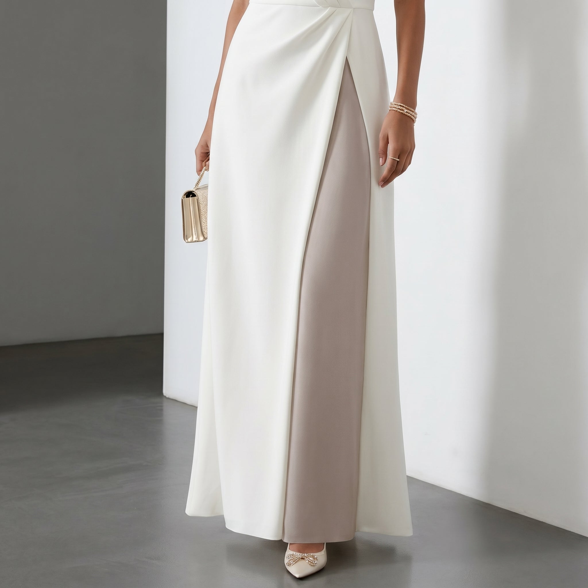 Elena - Women's Evening Draped Side Split Maxi Dress - Maxi Dress - White - Parker&Brooks